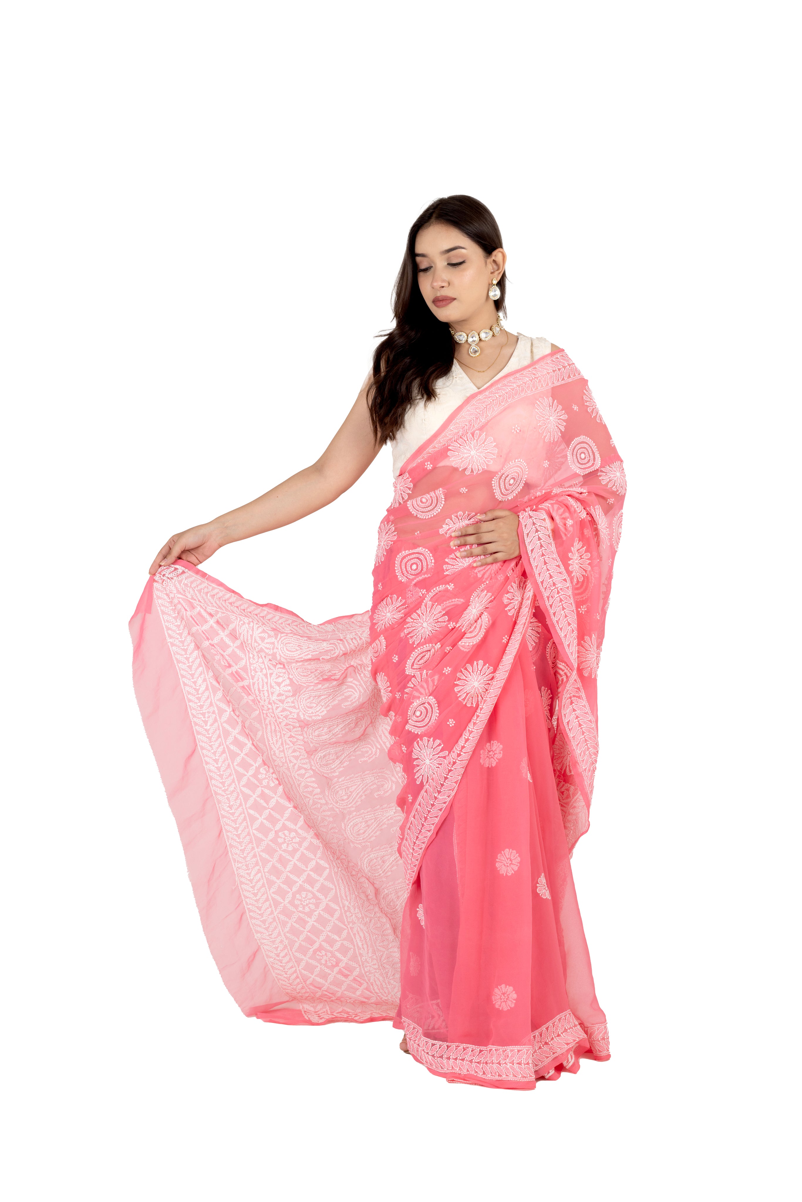 Salmon Pink Georgette Saree with Lucknowi Work