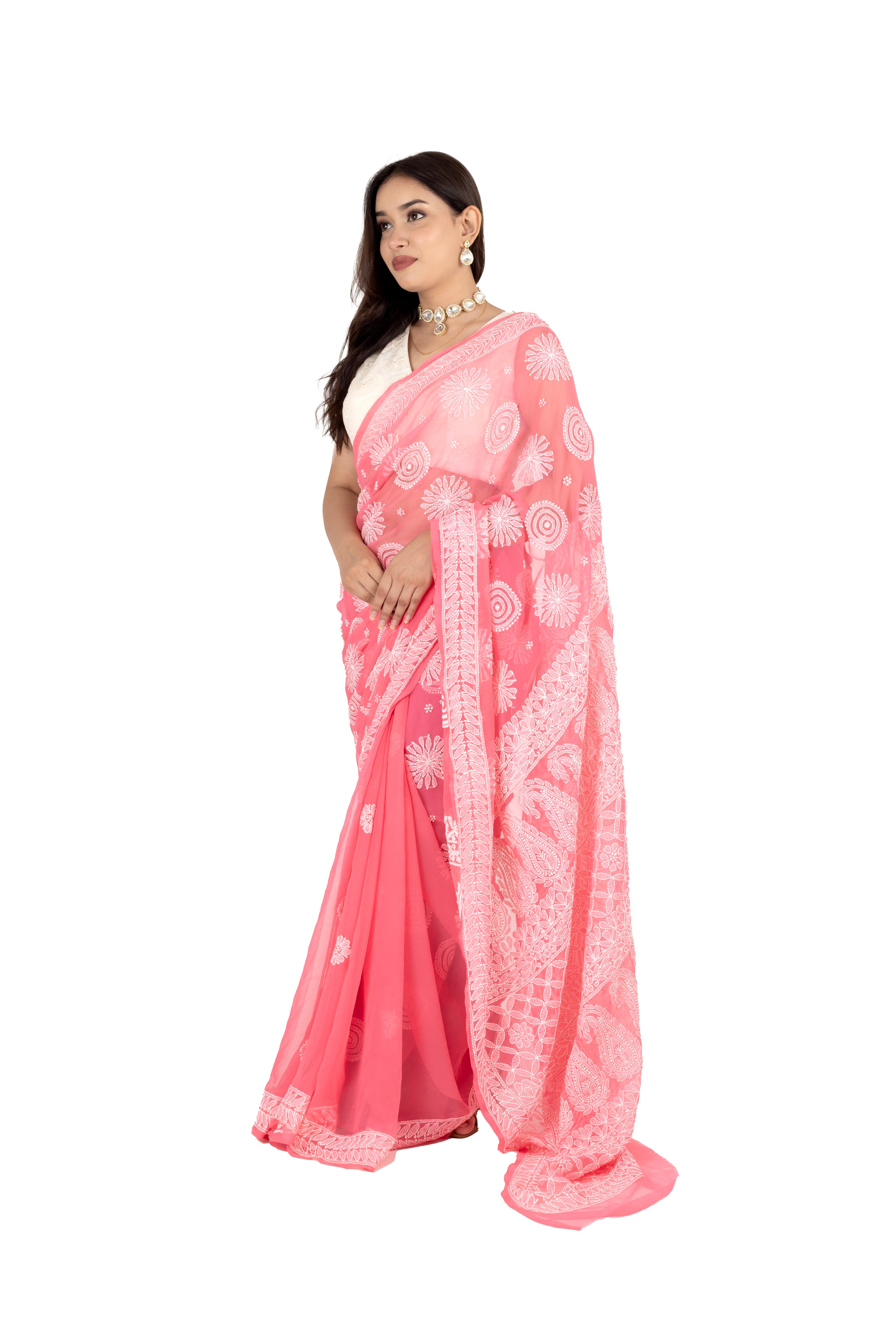 Salmon Pink Georgette Saree with Lucknowi Work