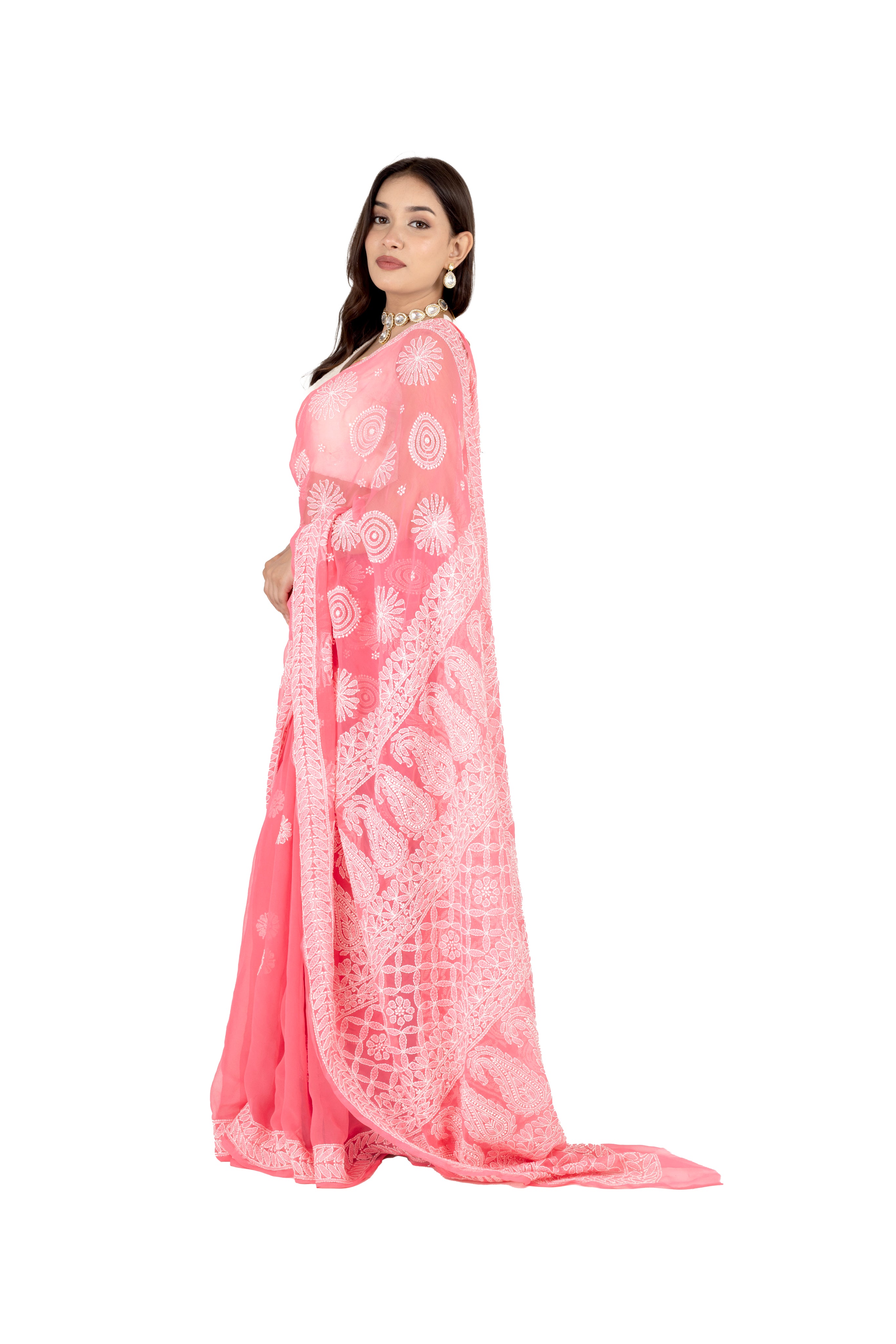 Salmon Pink Georgette Saree with Lucknowi Work