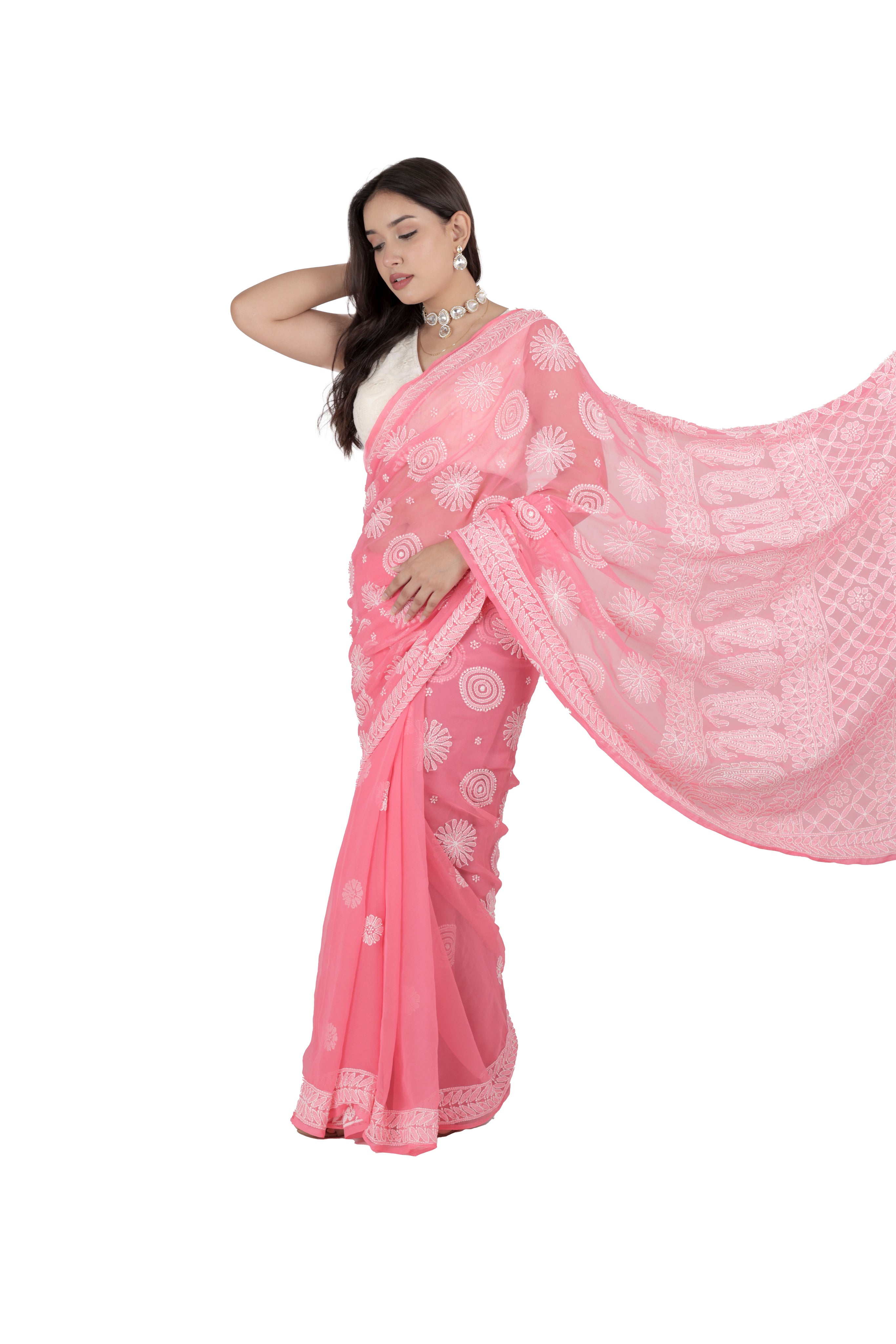 Salmon Pink Georgette Saree with Lucknowi Work