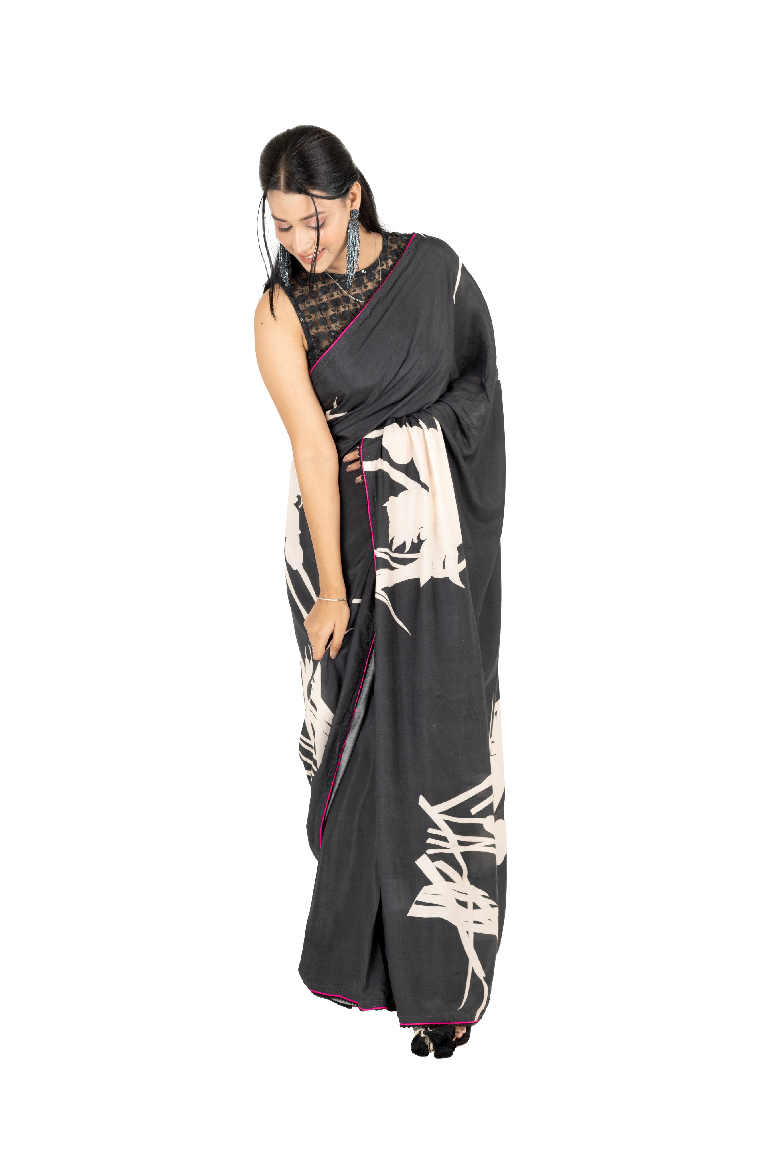 Black Muslin Saree with Abstract Print