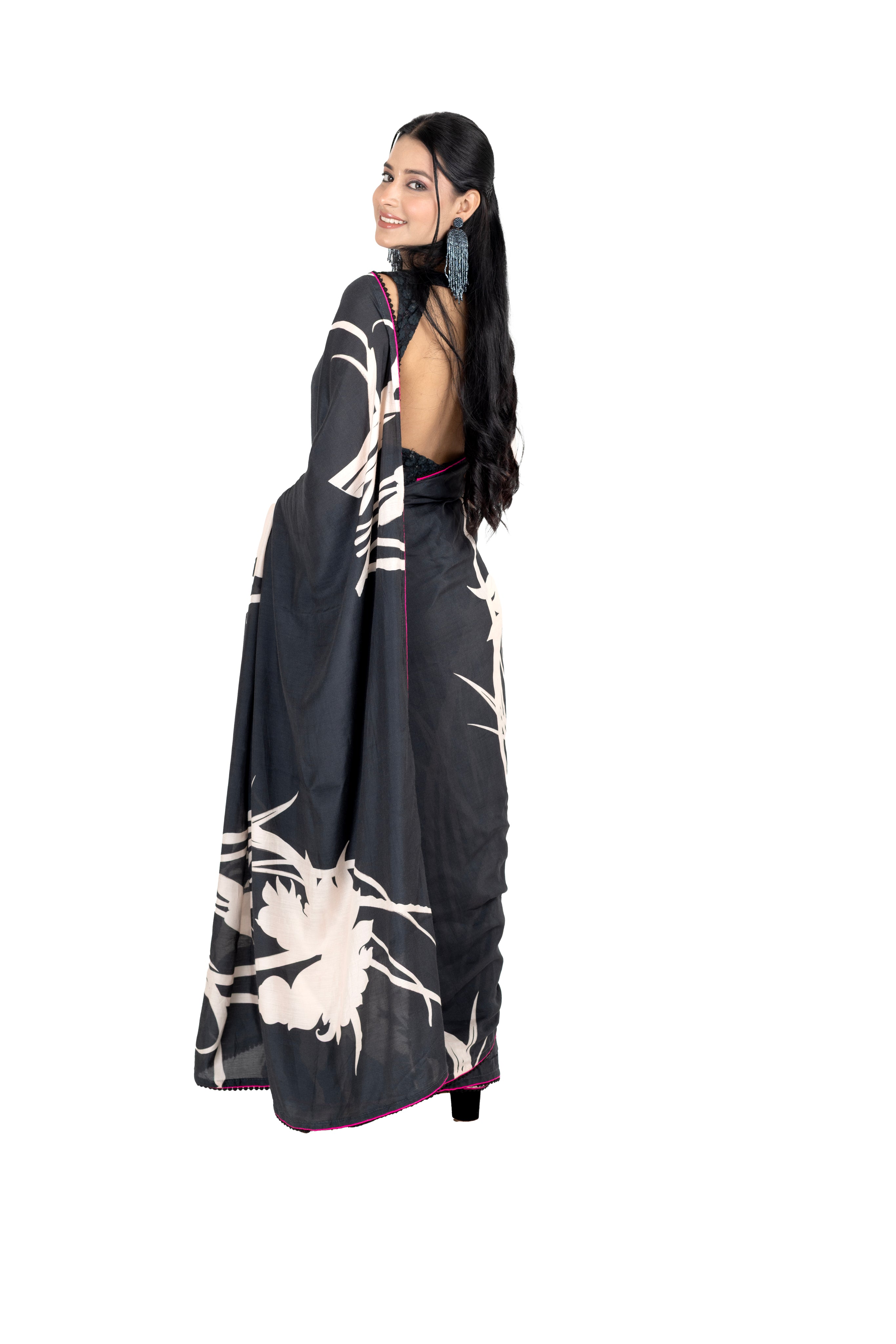 Black Muslin Saree with Abstract Print