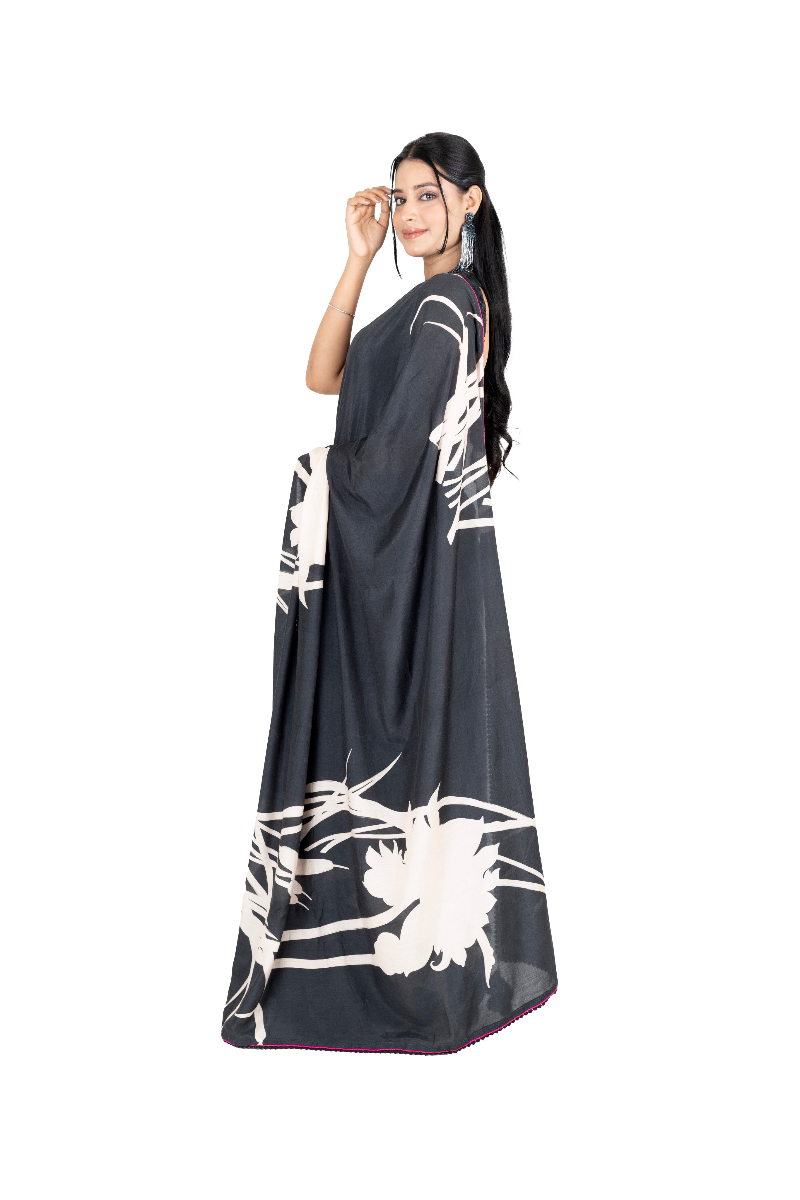 Black Muslin Saree with Abstract Print