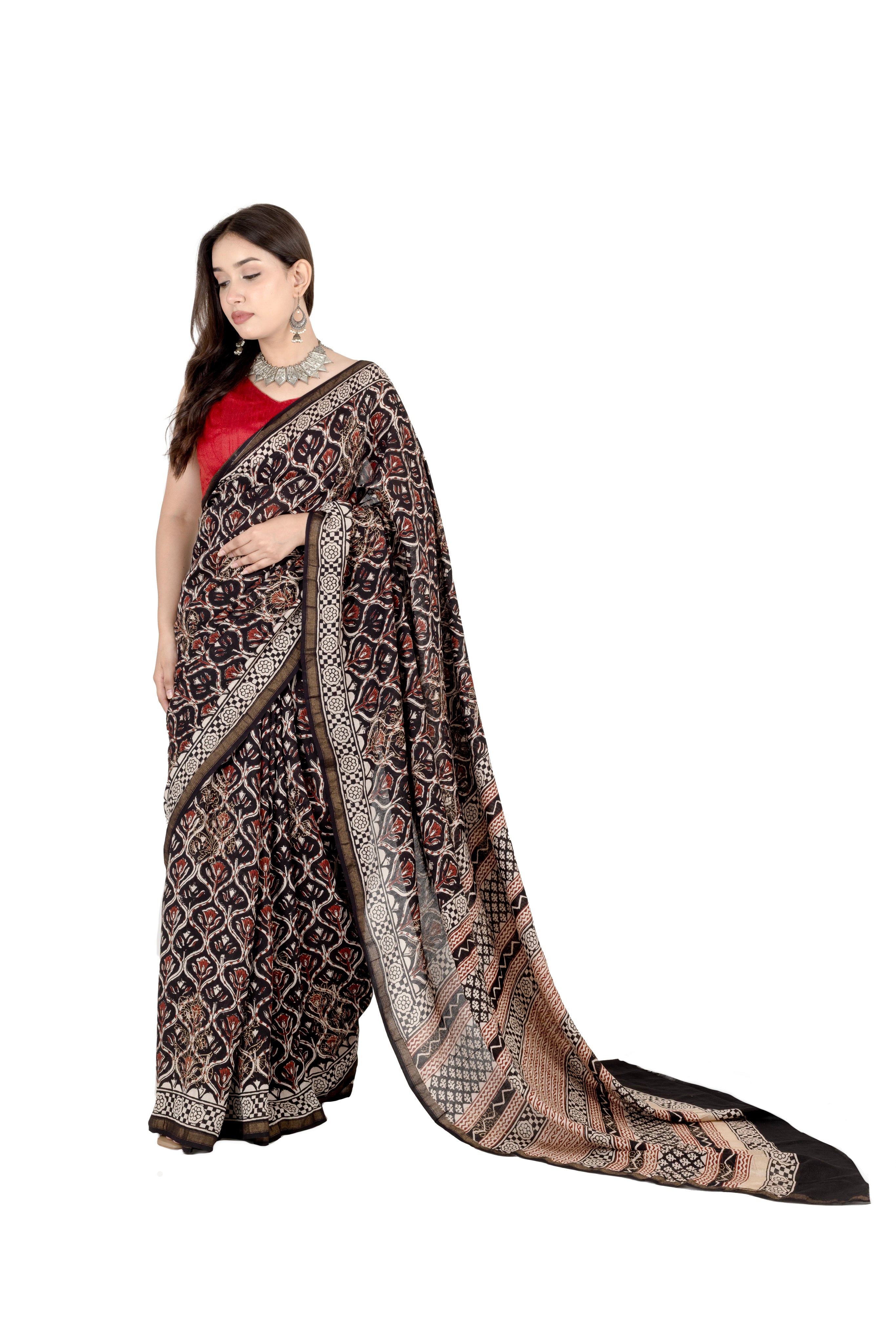 Black Muslin Saree with Handblock Print & Zari Border