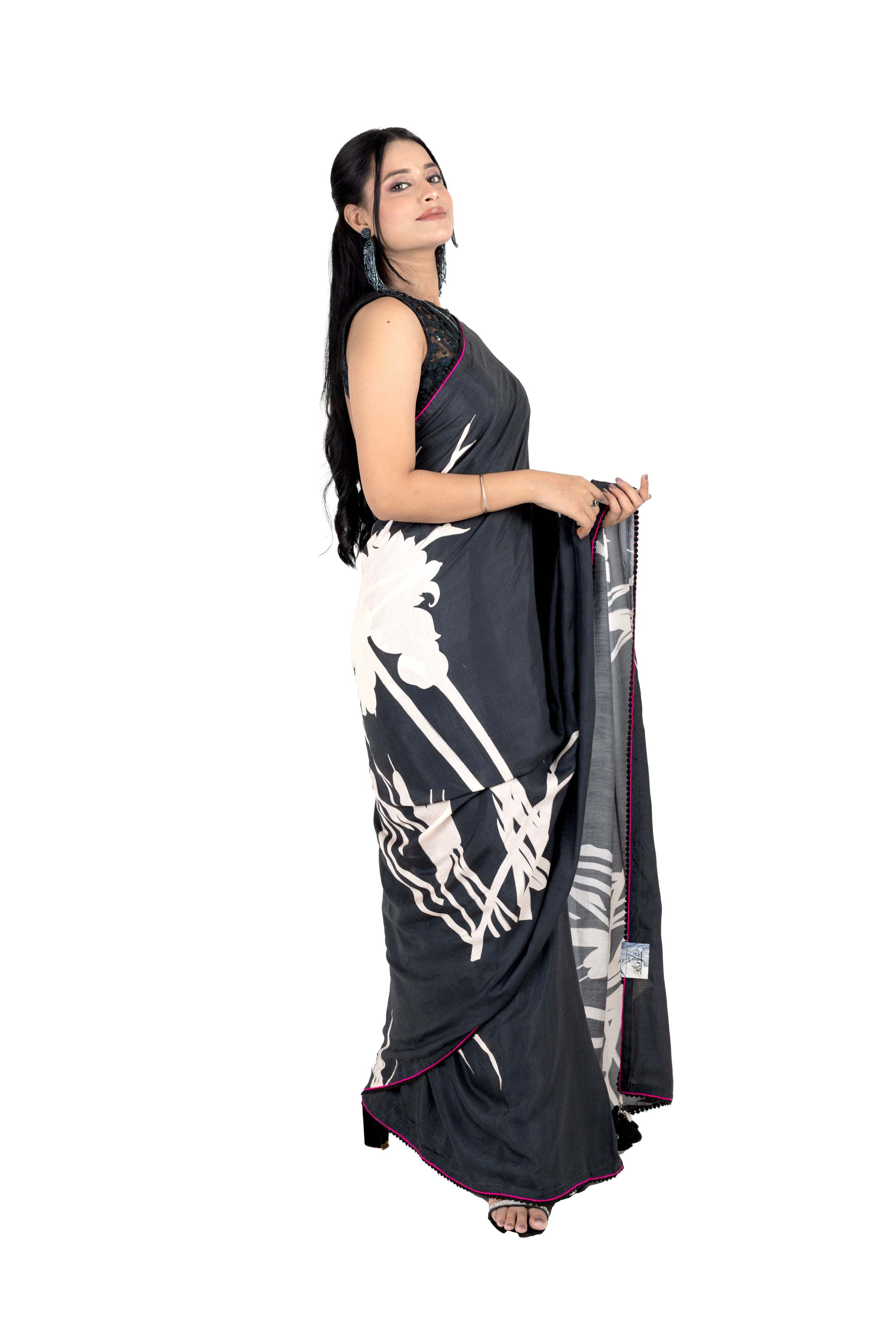 Black Muslin Saree with Abstract Print