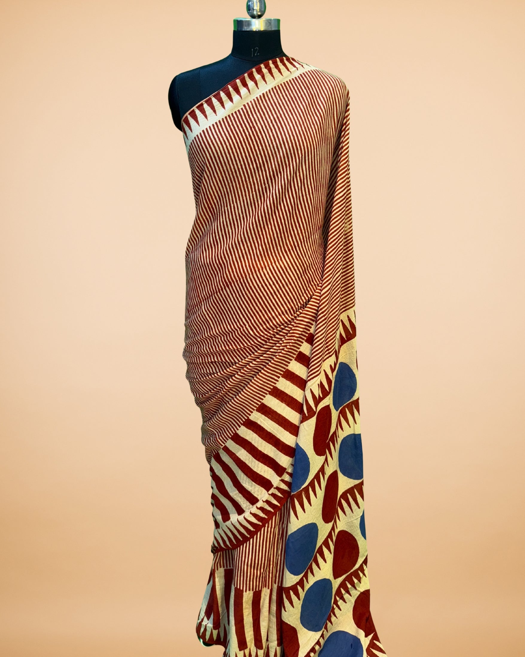 Red & Cream Muslin-Cotton Saree with Stripes and Dot Print Pallu