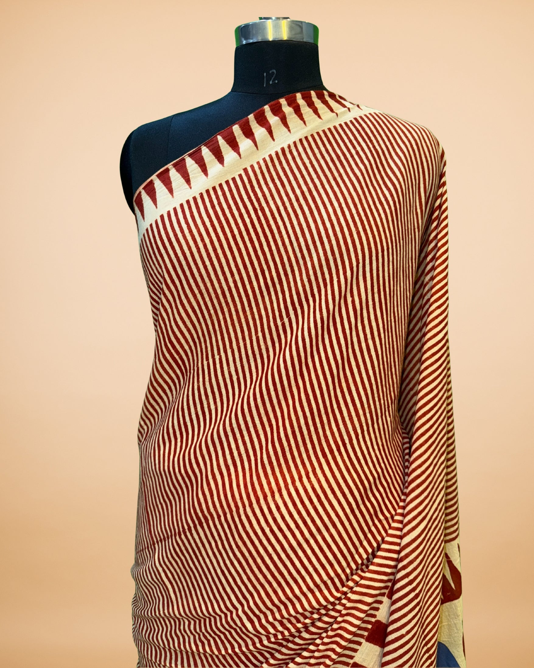Red & Cream Muslin-Cotton Saree with Stripes and Dot Print Pallu