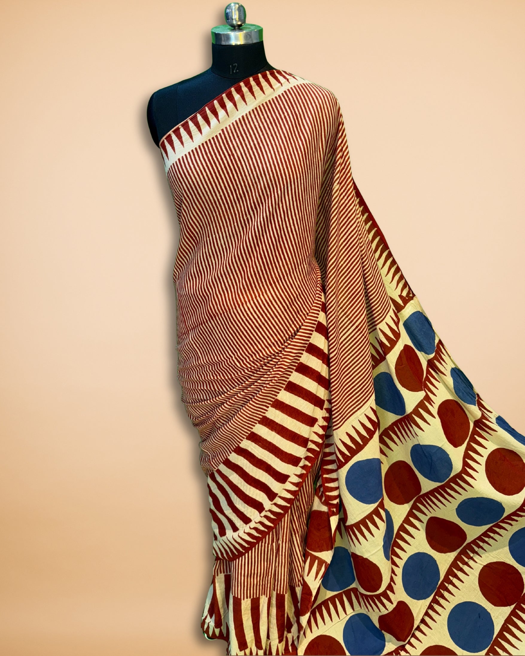 Red & Cream Muslin-Cotton Saree with Stripes and Dot Print Pallu