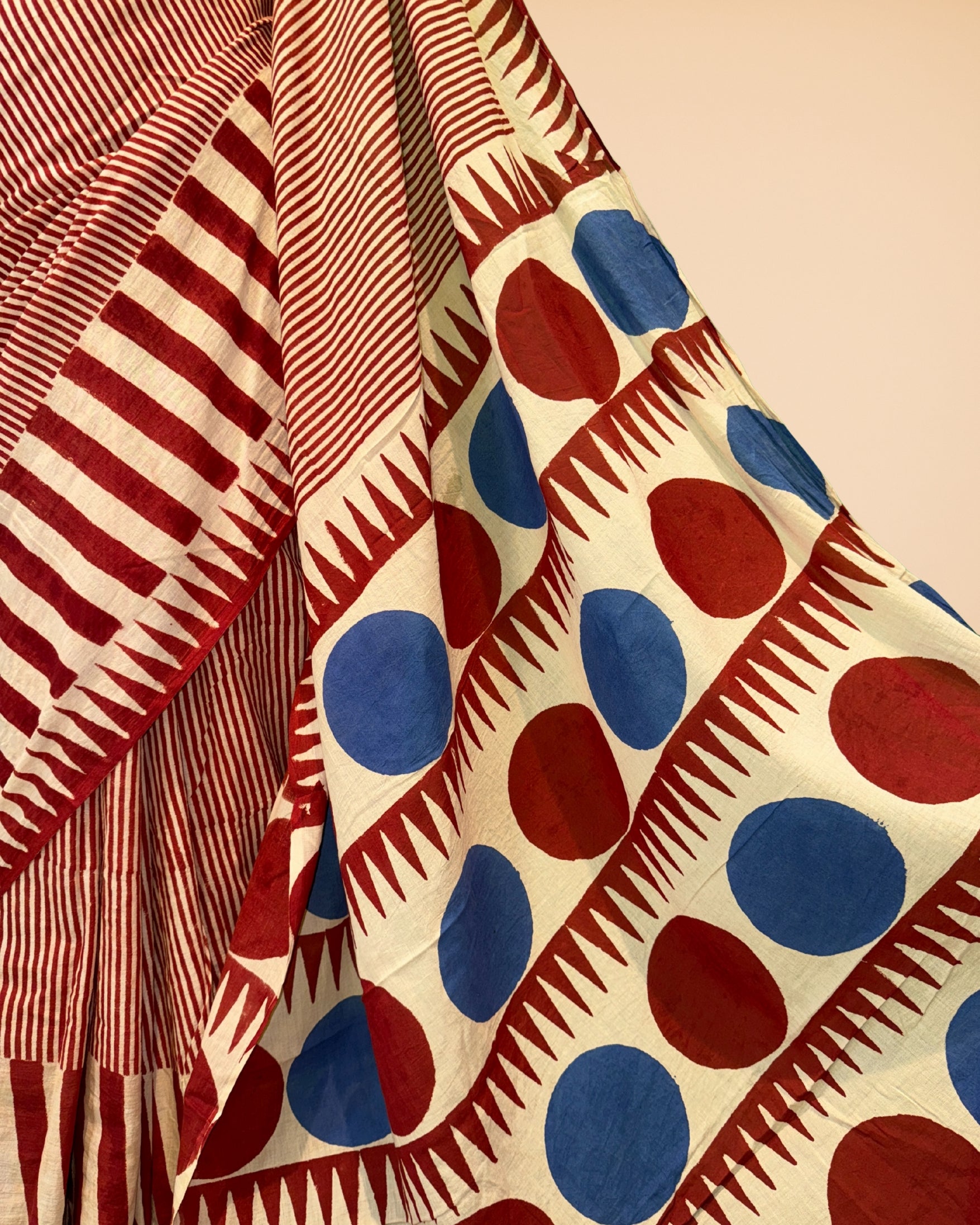 Red & Cream Muslin-Cotton Saree with Stripes and Dot Print Pallu