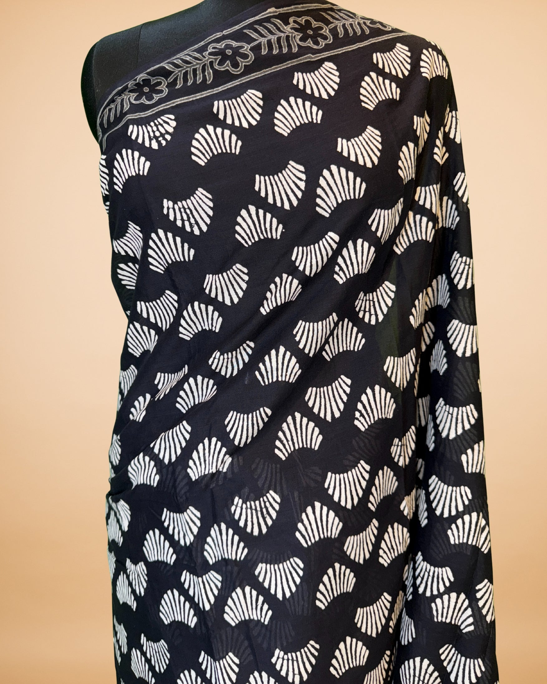 Black Cotton Saree with Handblock Print