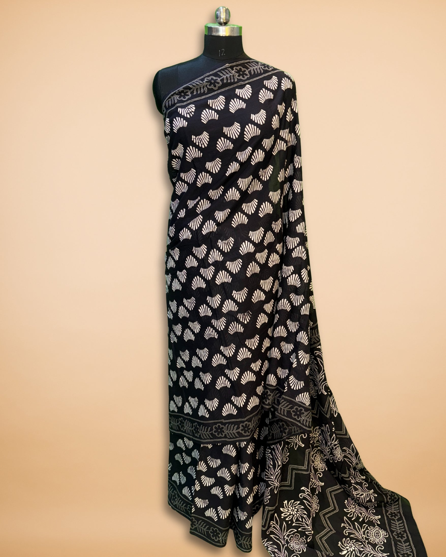 Black Cotton Saree with Handblock Print
