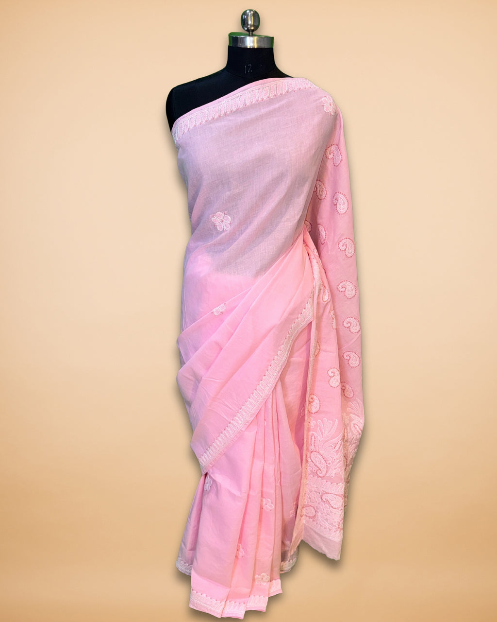 Baby Pink Cotton Saree with Lucknowi Work