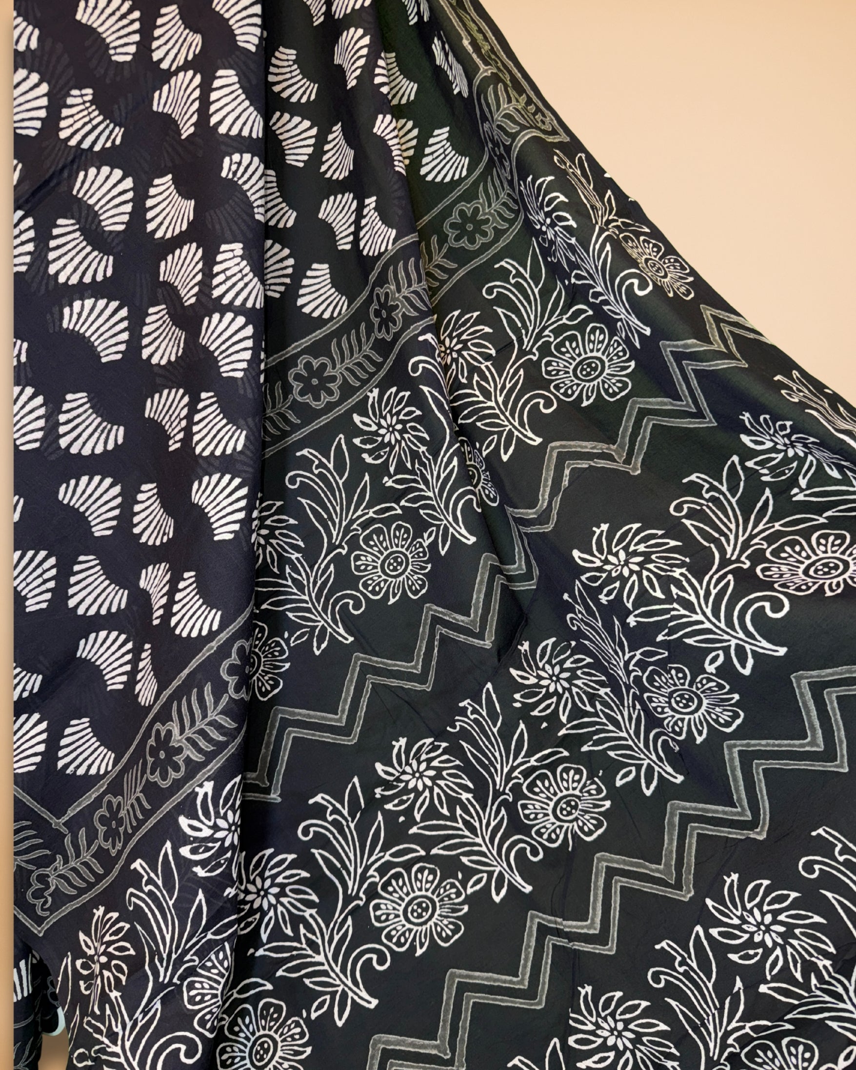 Black Cotton Saree with Handblock Print