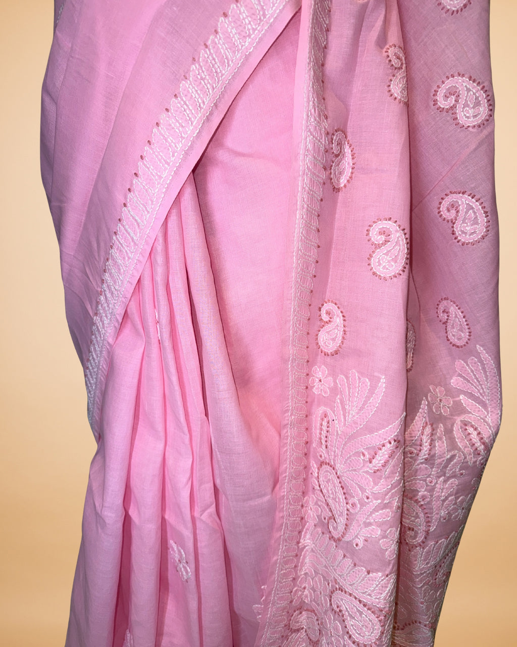 Baby Pink Cotton Saree with Lucknowi Work