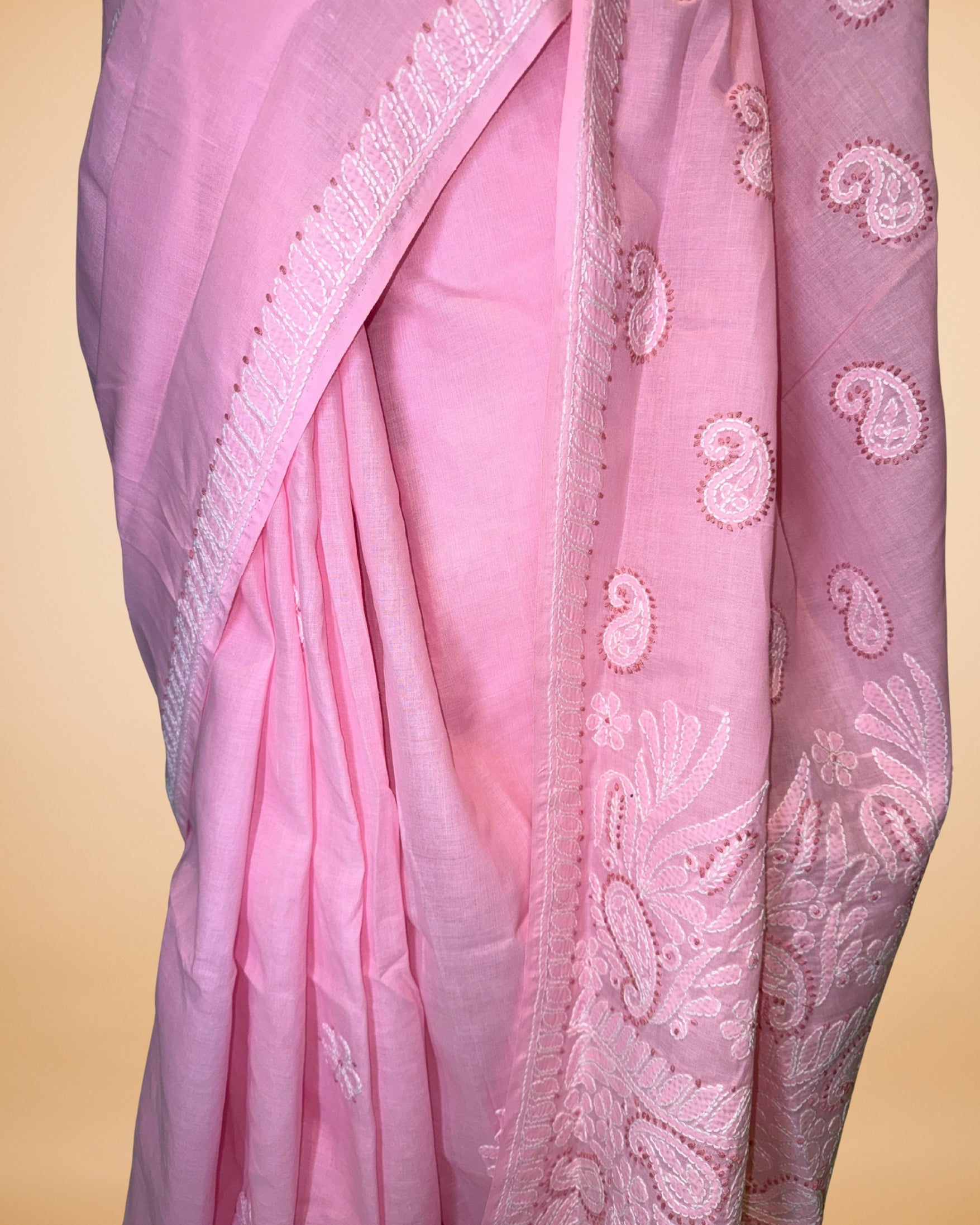 Baby Pink Cotton Saree with Lucknowi Work