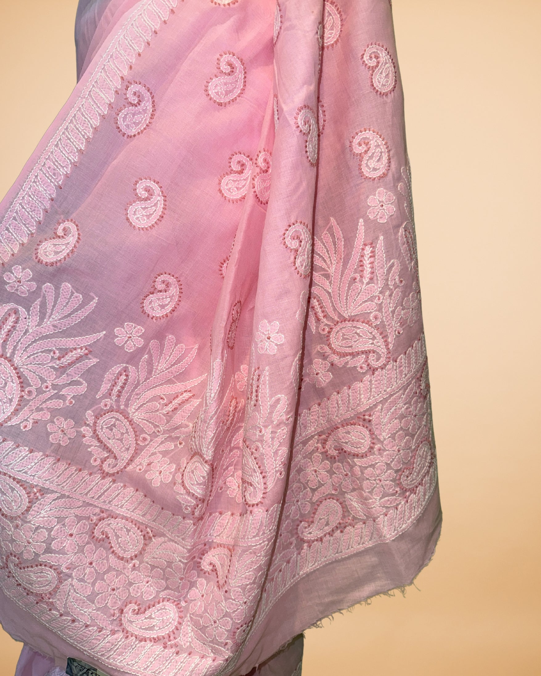 Baby Pink Cotton Saree with Lucknowi Work