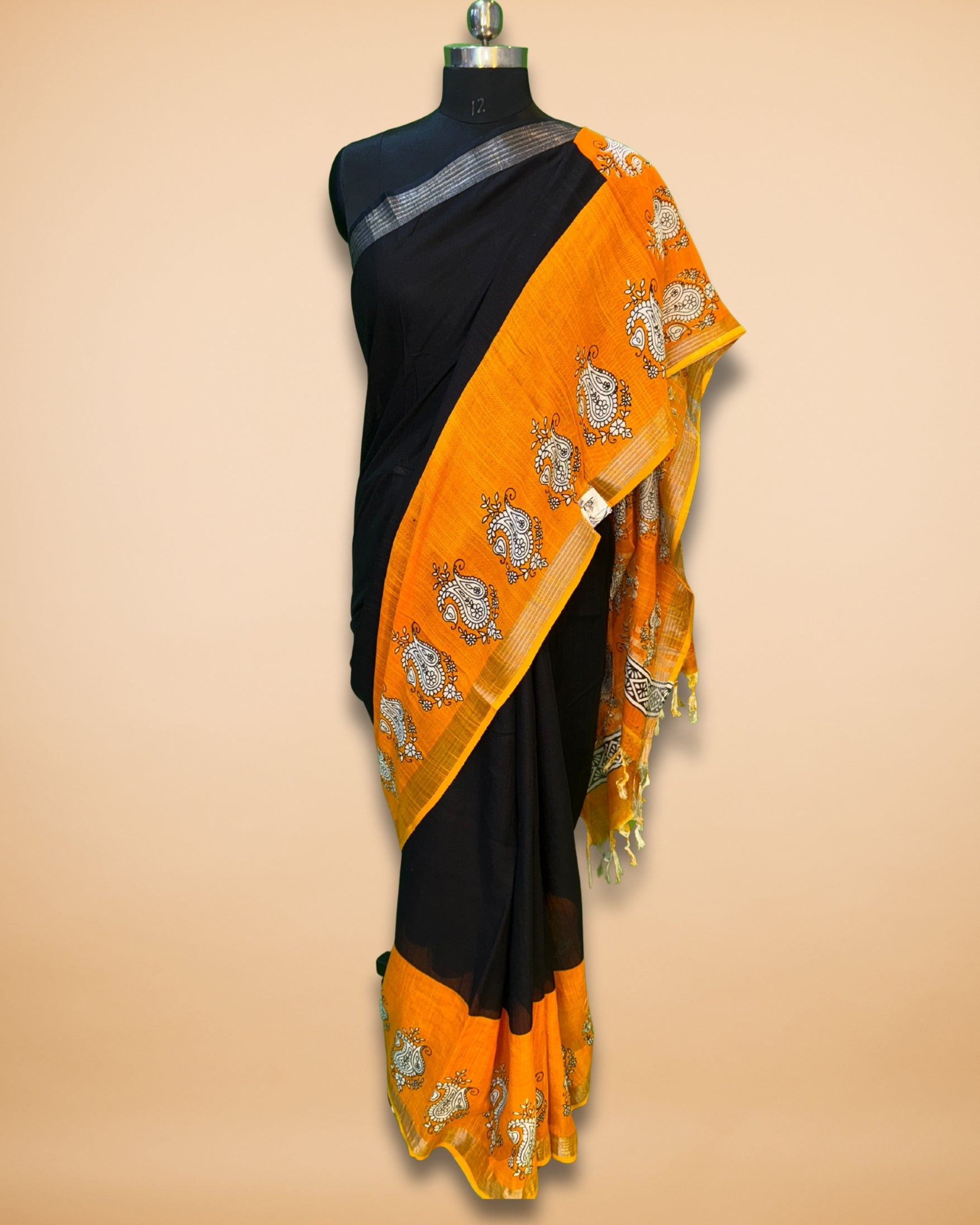 Black-Orange Cotton-Linen Saree with Zari Border & Handblock Print