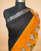 Black-Orange Cotton-Linen Saree with Zari Border & Handblock Print