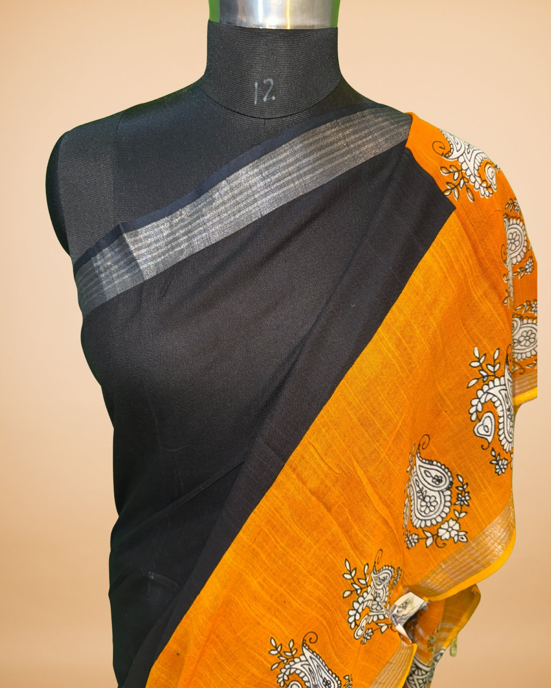 Black-Orange Cotton-Linen Saree with Zari Border & Handblock Print