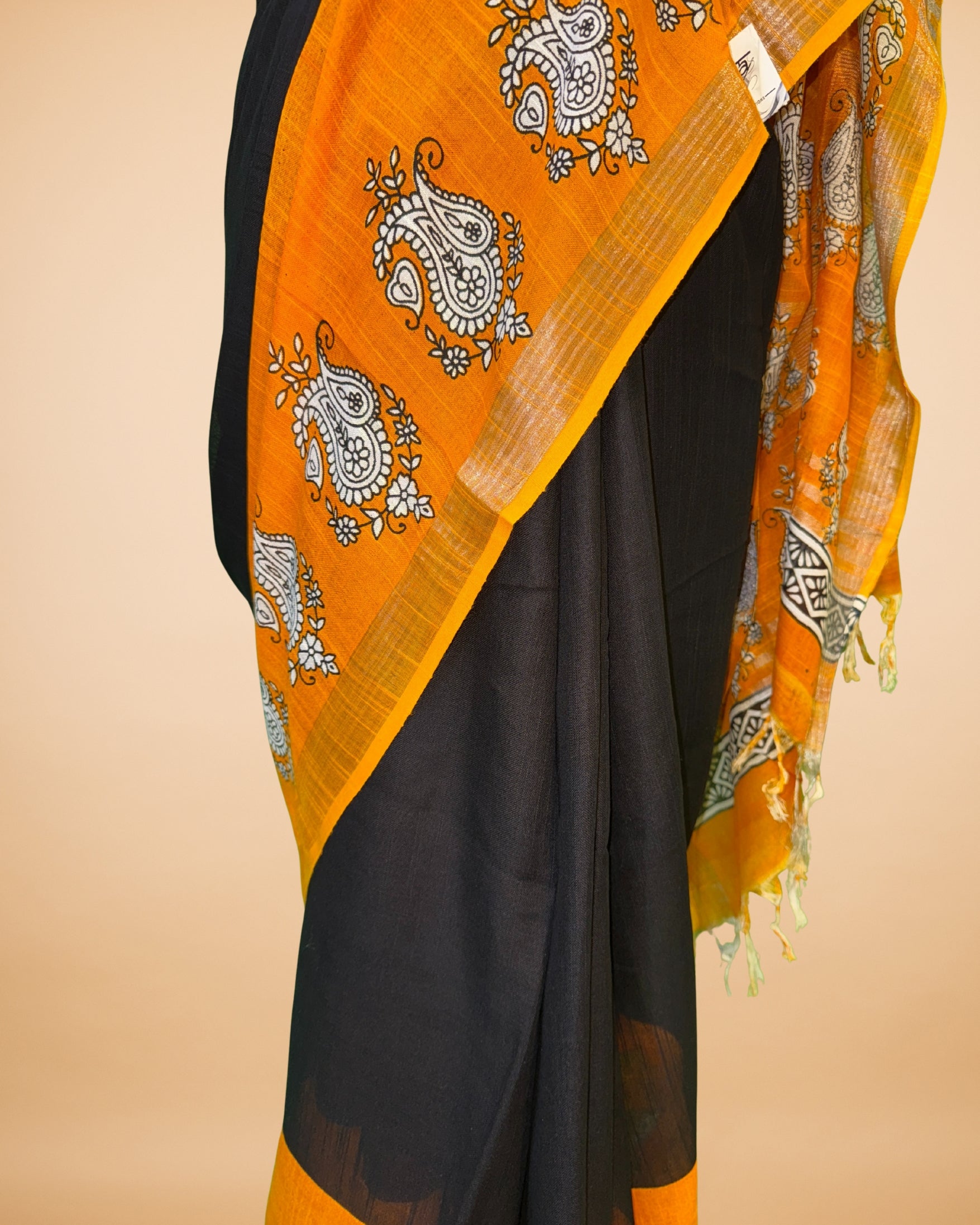 Black-Orange Cotton-Linen Saree with Zari Border & Handblock Print