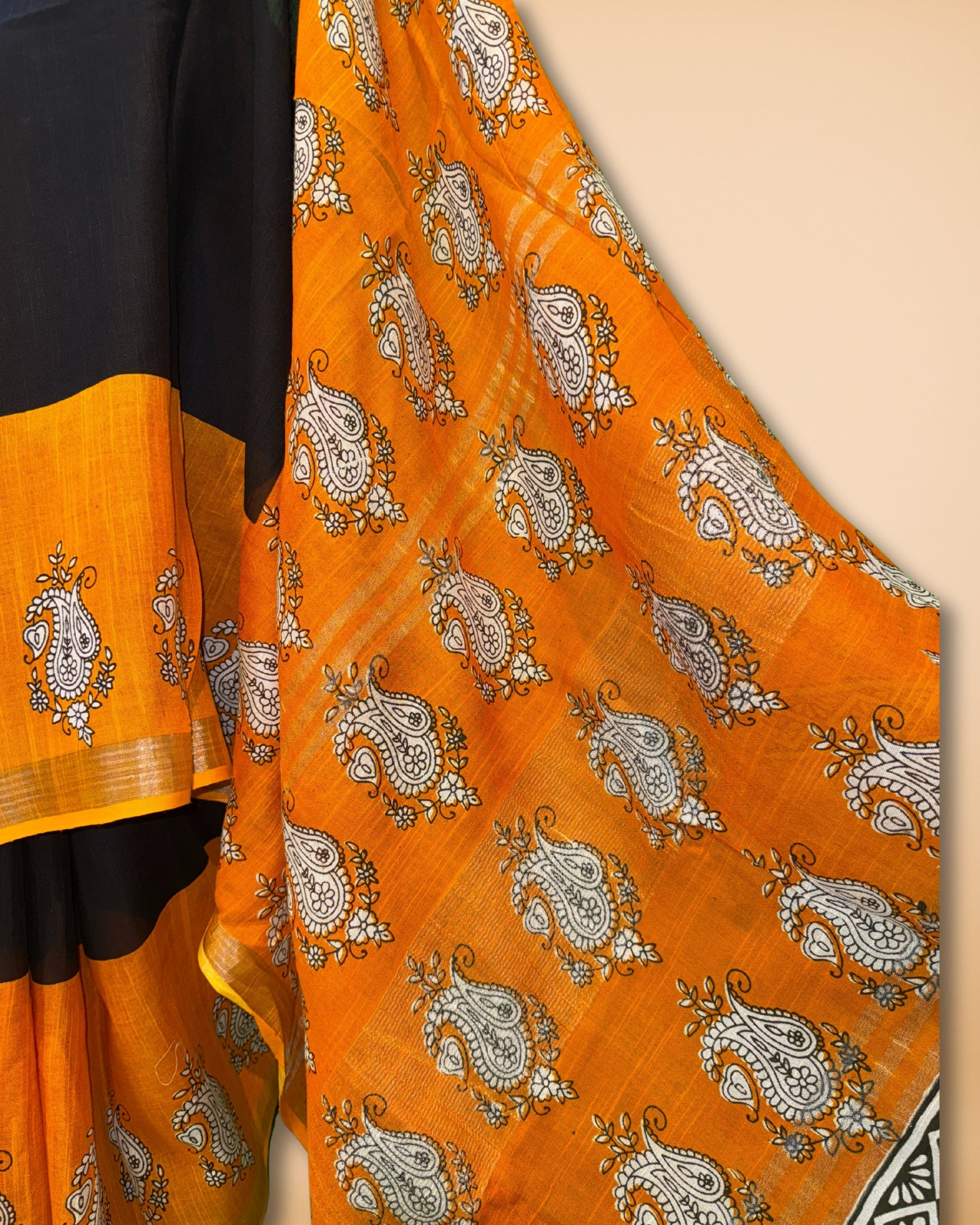 Black-Orange Cotton-Linen Saree with Zari Border & Handblock Print