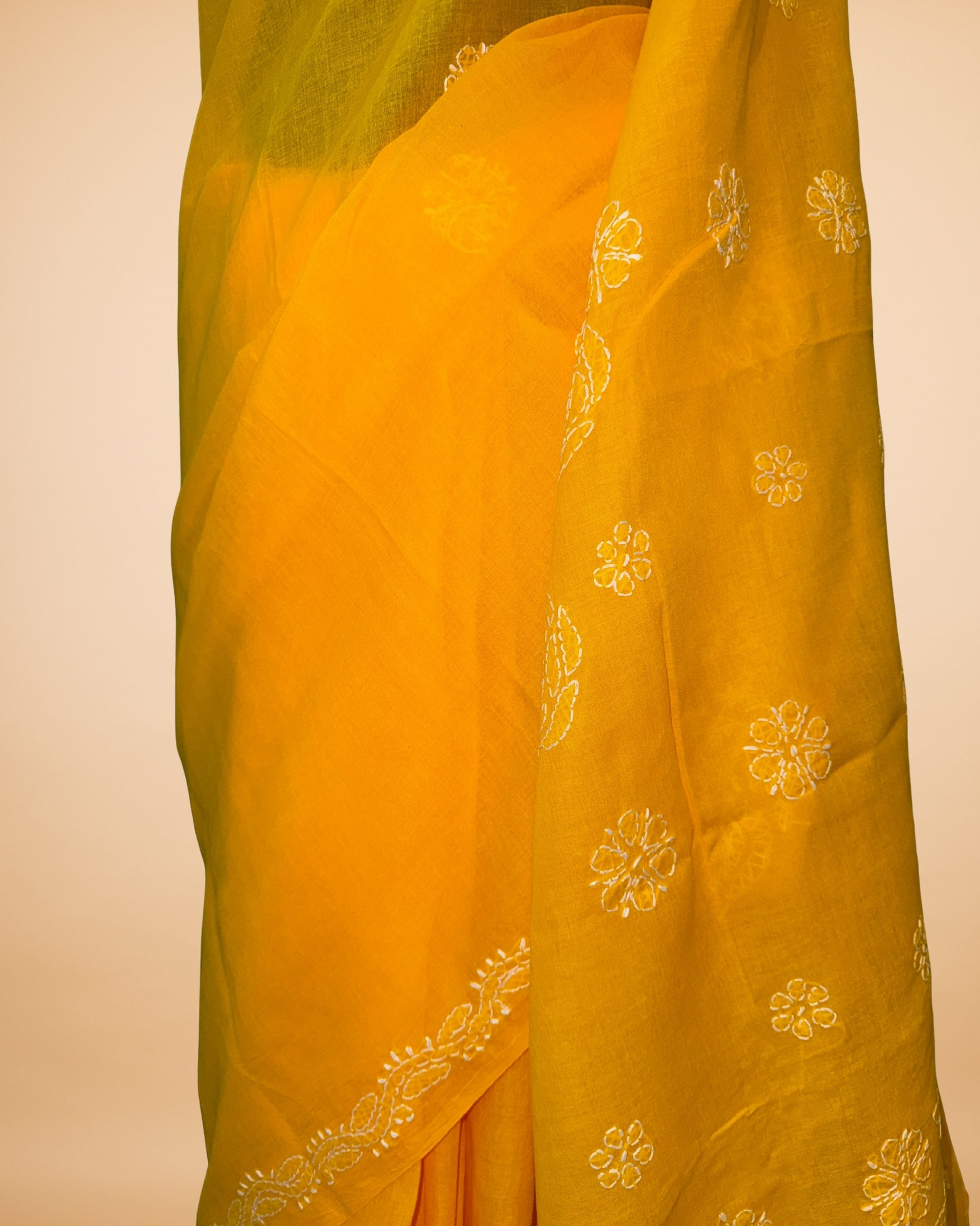 Yellow Cotton Saree with Lucknowi Work