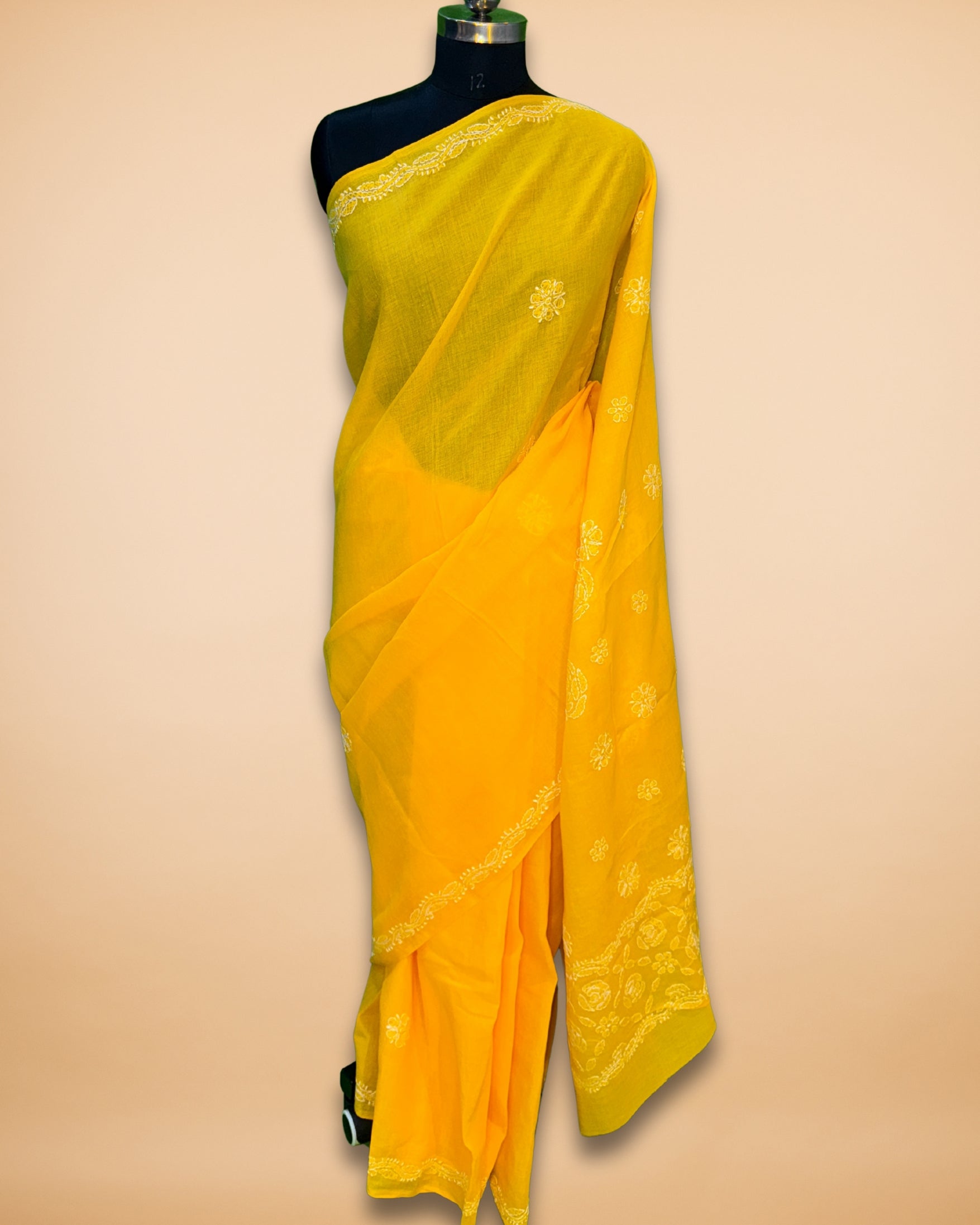 Yellow Cotton Saree with Lucknowi Work