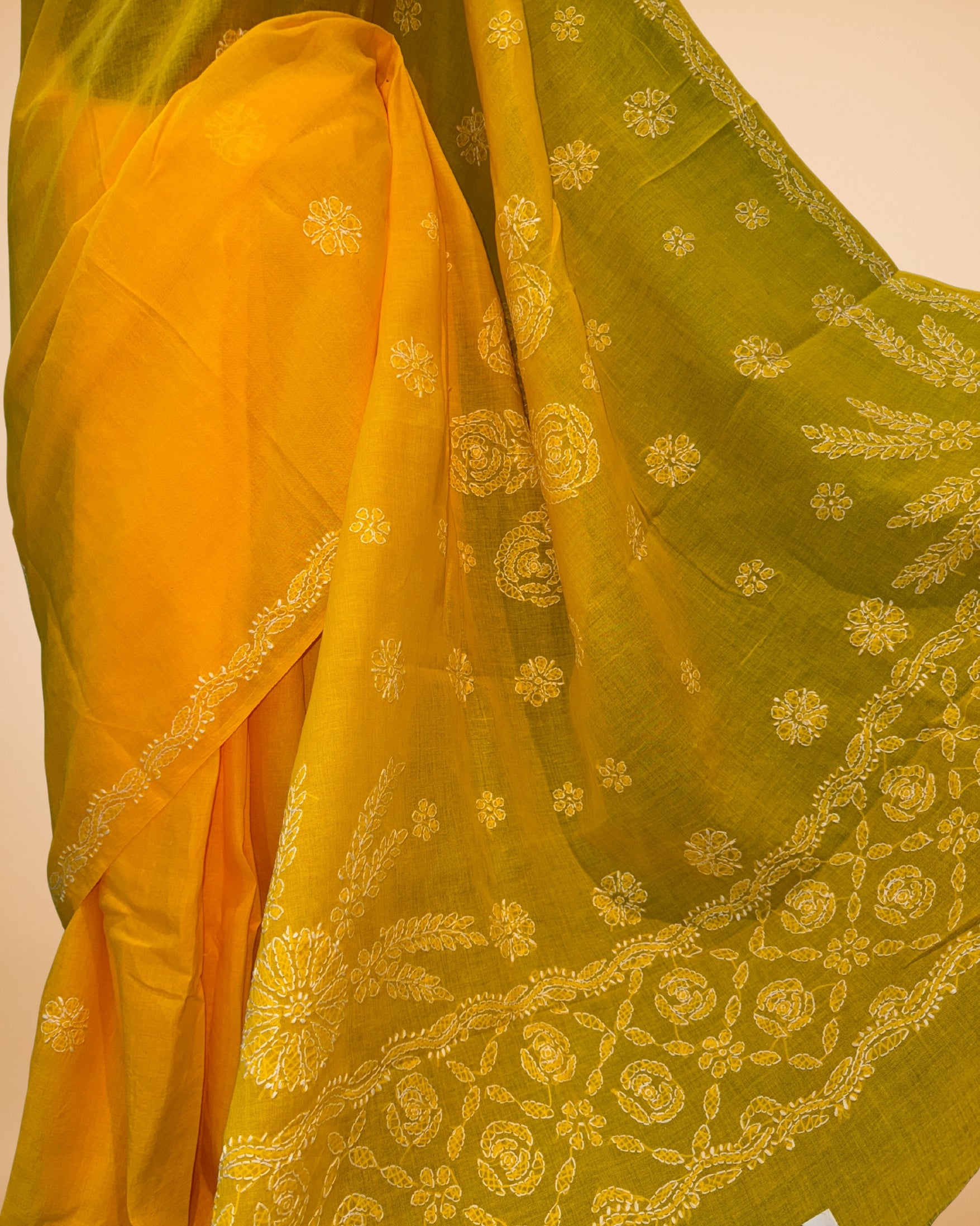 Yellow Cotton Saree with Lucknowi Work