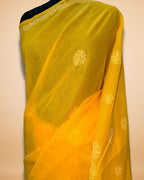 Yellow Cotton Saree with Lucknowi Work