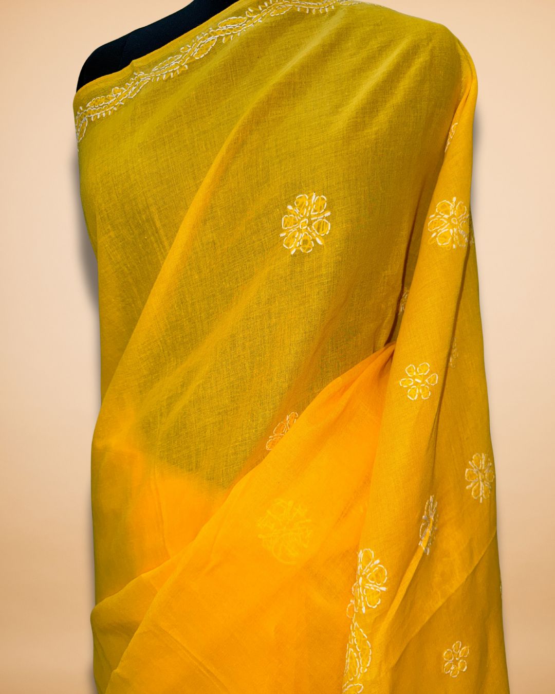 Yellow Cotton Saree with Lucknowi Work