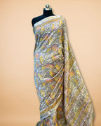 Grey-Yellow Chanderi Saree with Floral Print & Zari Border