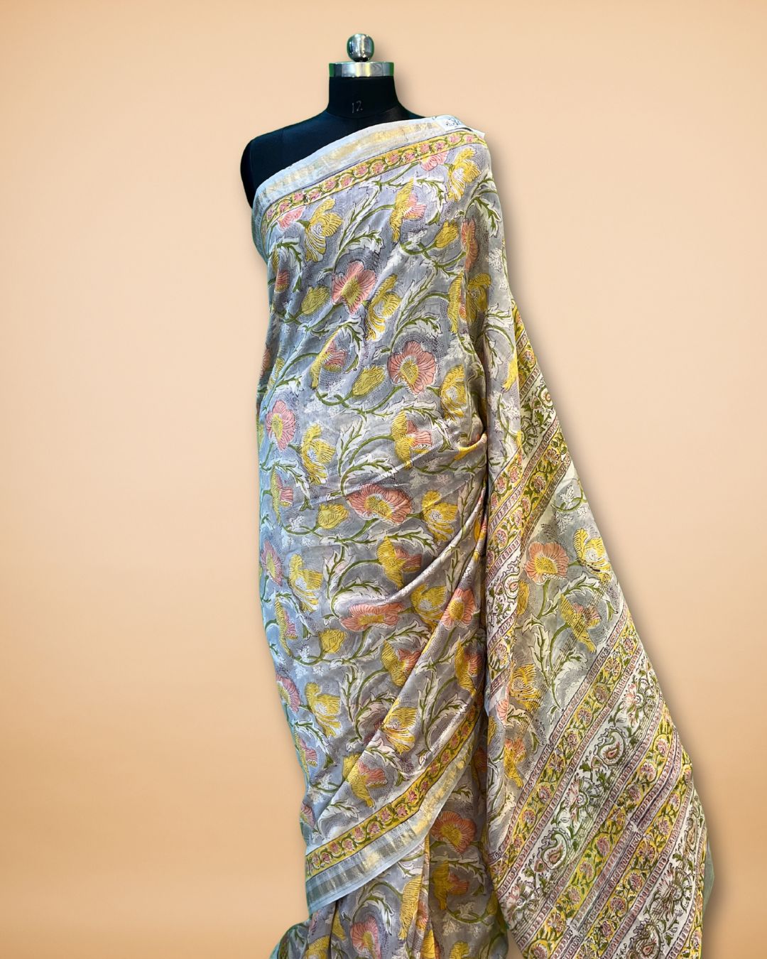 Grey-Yellow Chanderi Saree with Floral Print & Zari Border