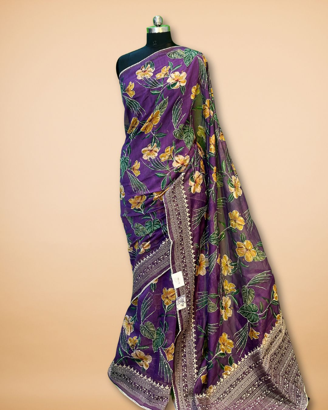 Purple Soft Cotton Saree with Floral Katha Work