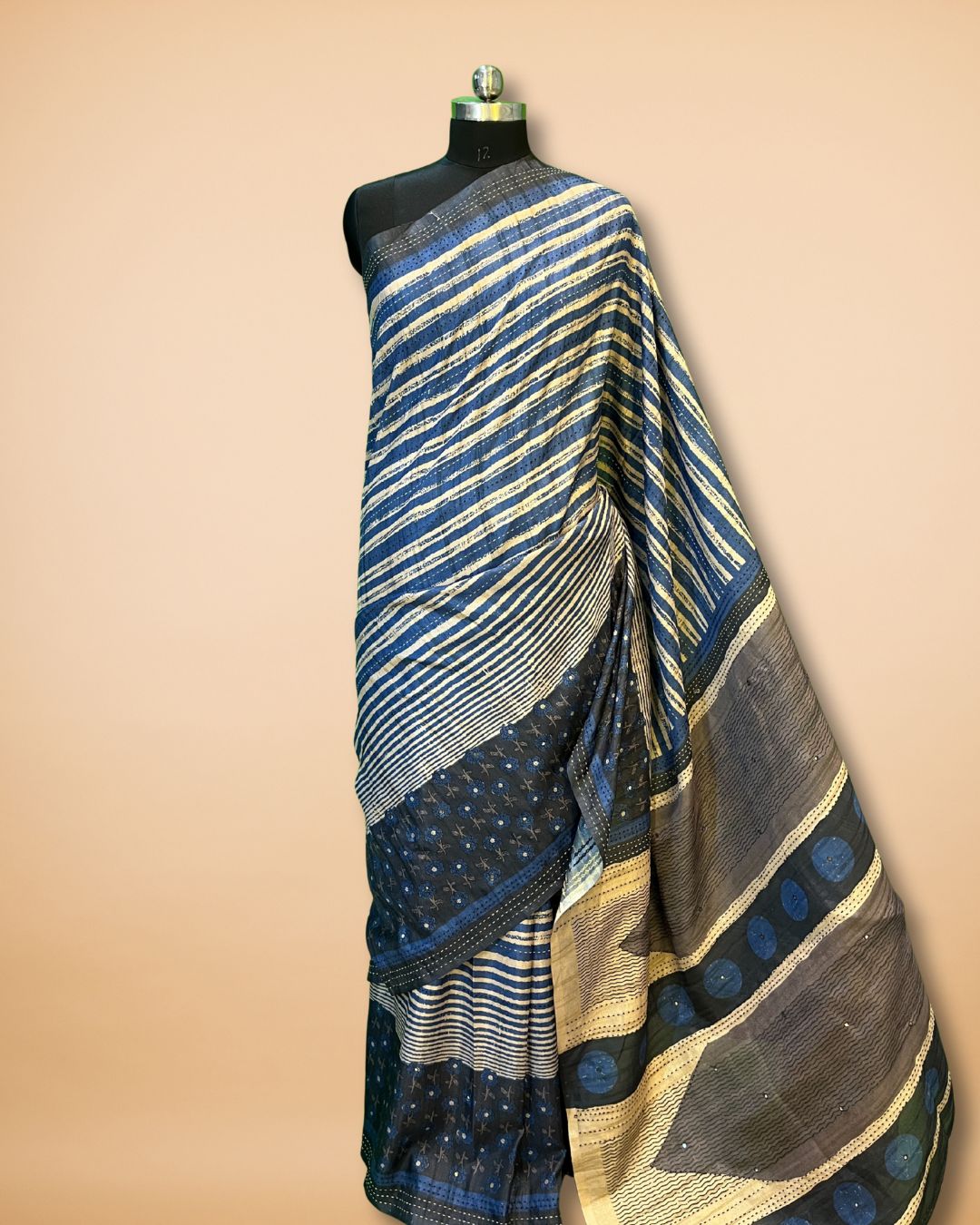 Blue Stripe Cotton-Silk Saree with Katha & Mirror Work