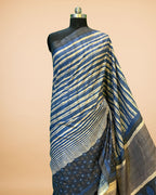 Blue Stripe Cotton-Silk Saree with Katha & Mirror Work