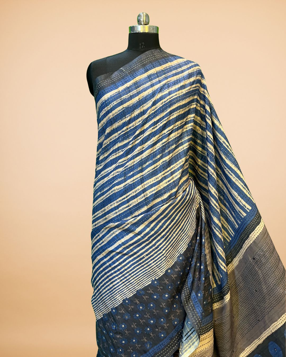 Blue Stripe Cotton-Silk Saree with Katha & Mirror Work