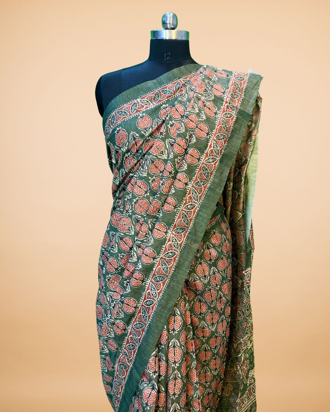 Green Cotton-Silk Saree with Vegetable Print & Katha Work