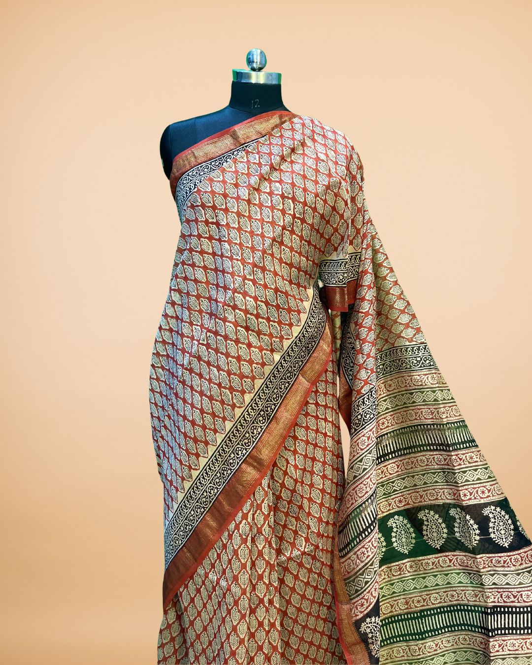 Chanderi Silk Saree with Maheshwari Print & Handblock Pallu