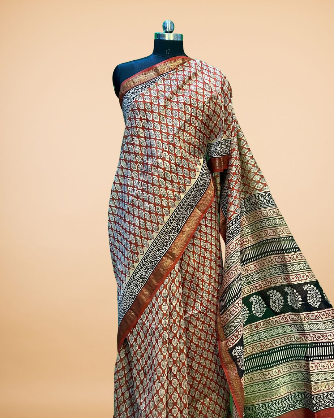 Chanderi Silk Saree with Maheshwari Print & Handblock Pallu