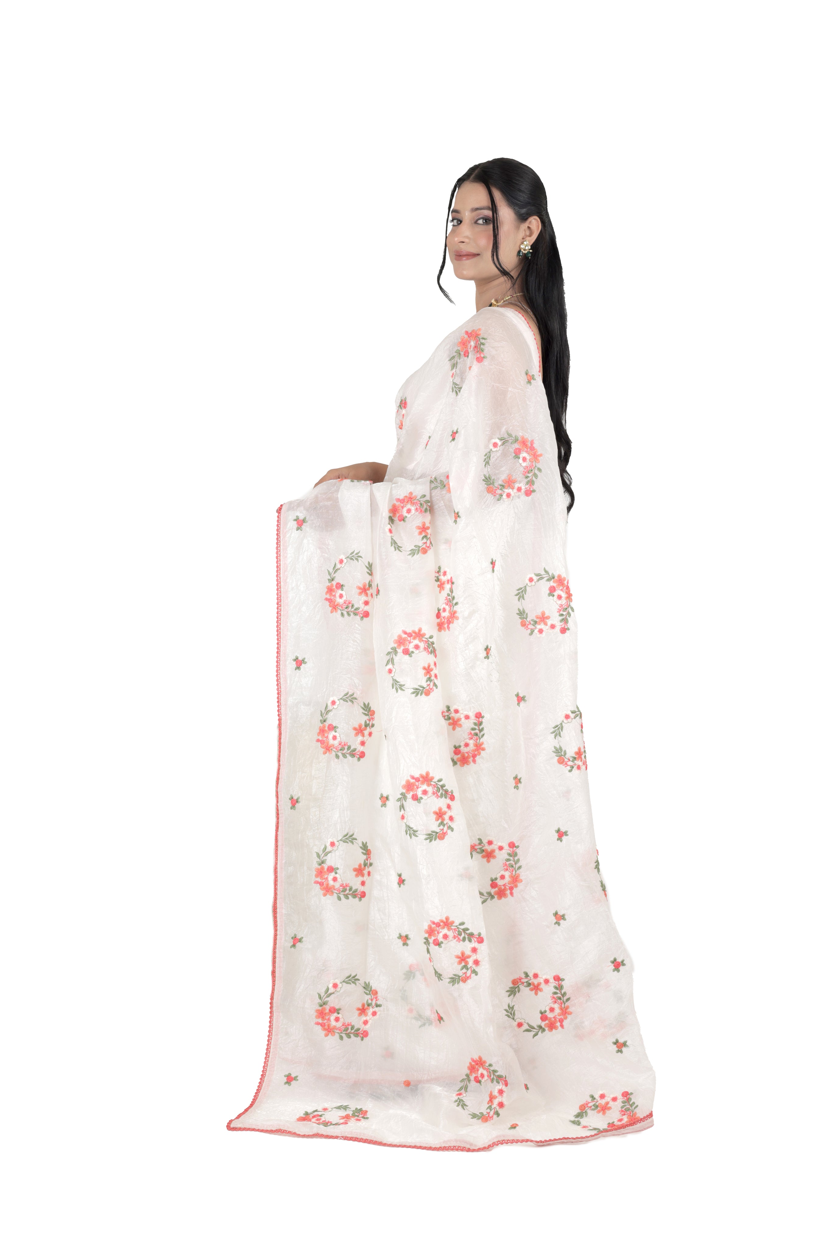 Off White Crushed Tissue Saree with Thread Work