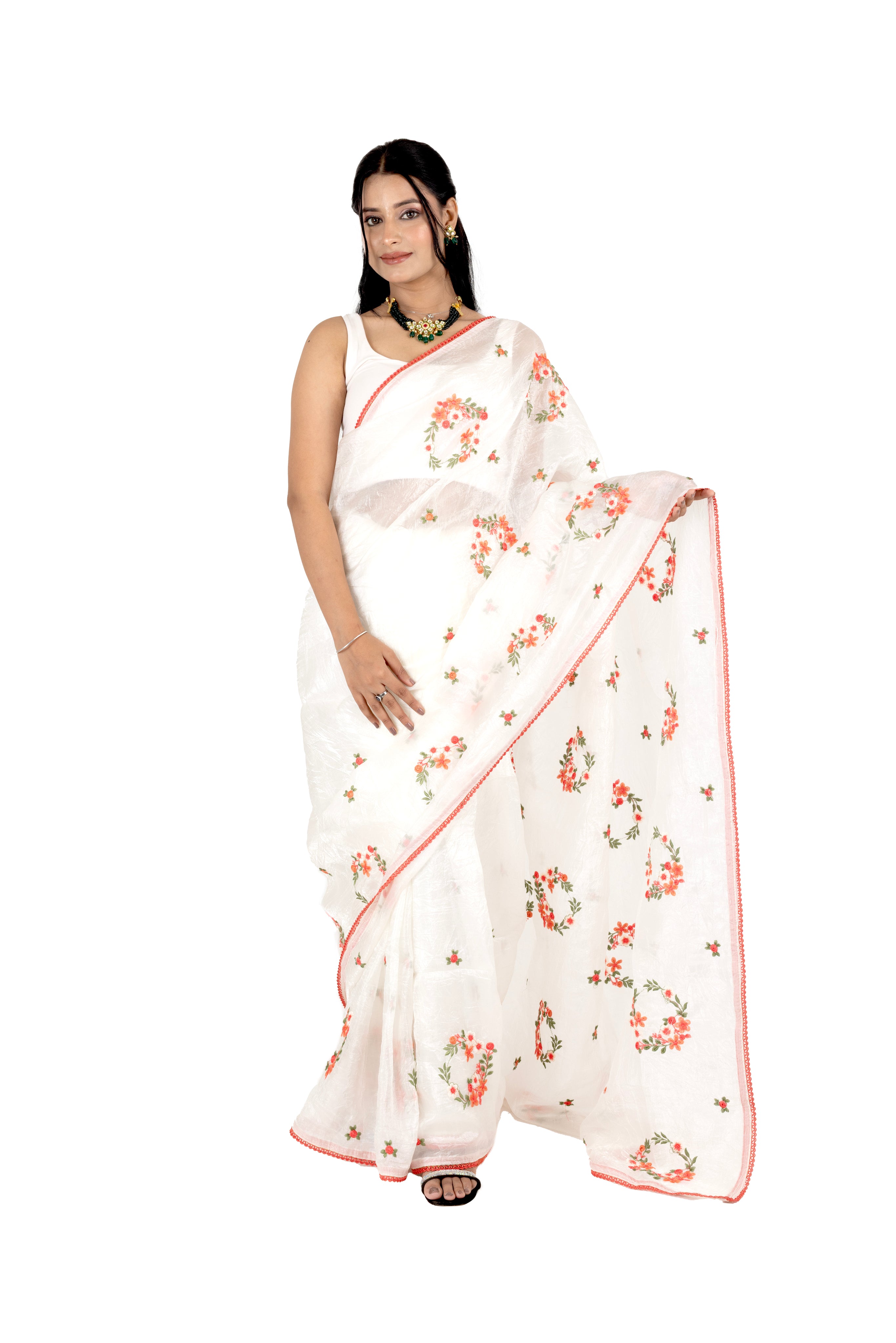 Off White Crushed Tissue Saree with Thread Work