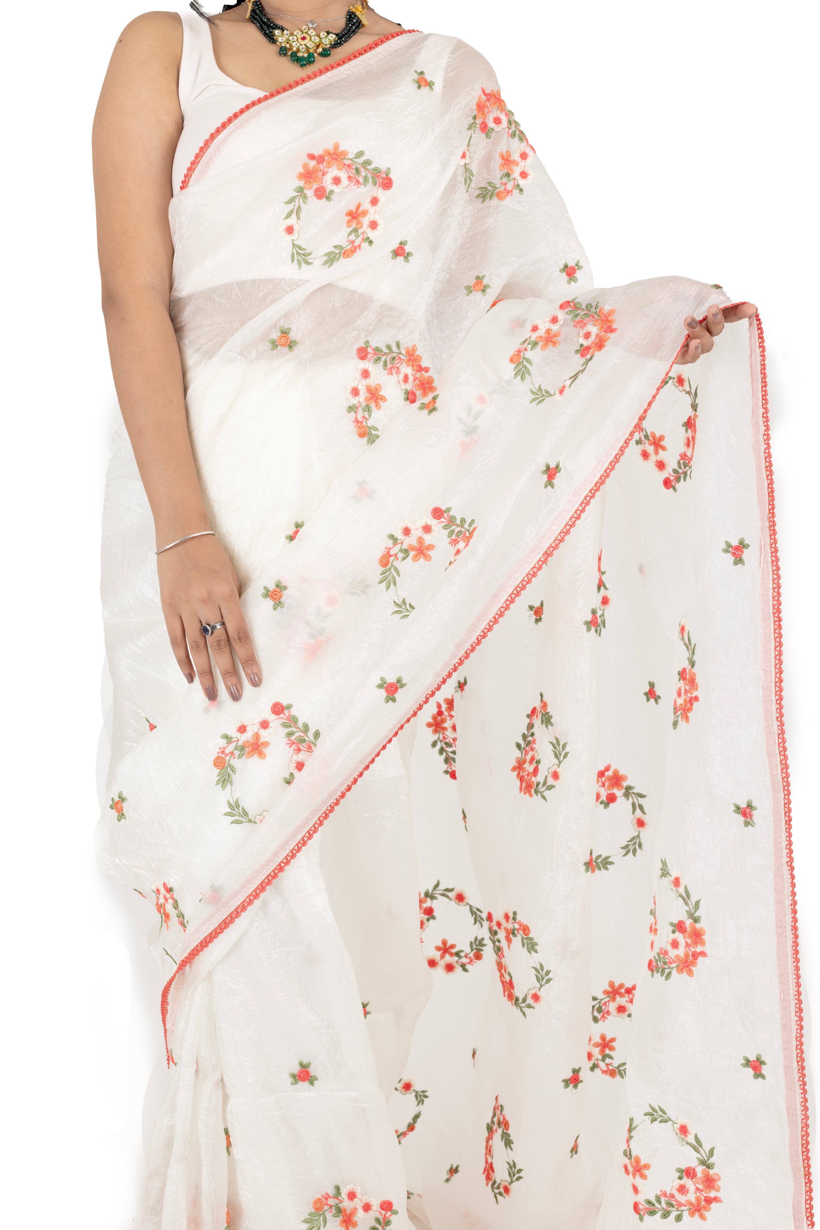 Off White Crushed Tissue Saree with Thread Work