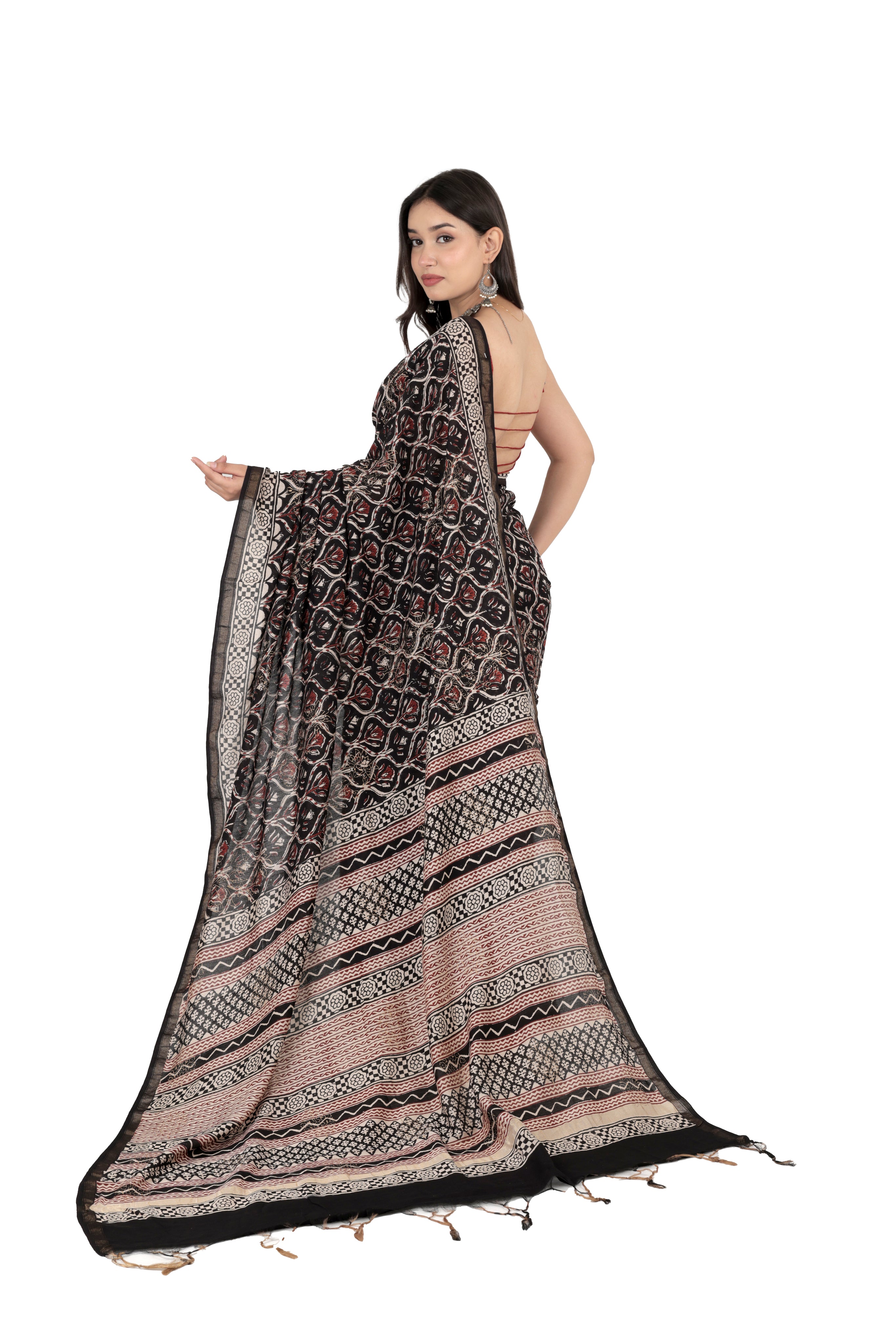 Black Muslin Saree with Handblock Print & Zari Border