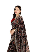Black Muslin Saree with Handblock Print & Zari Border