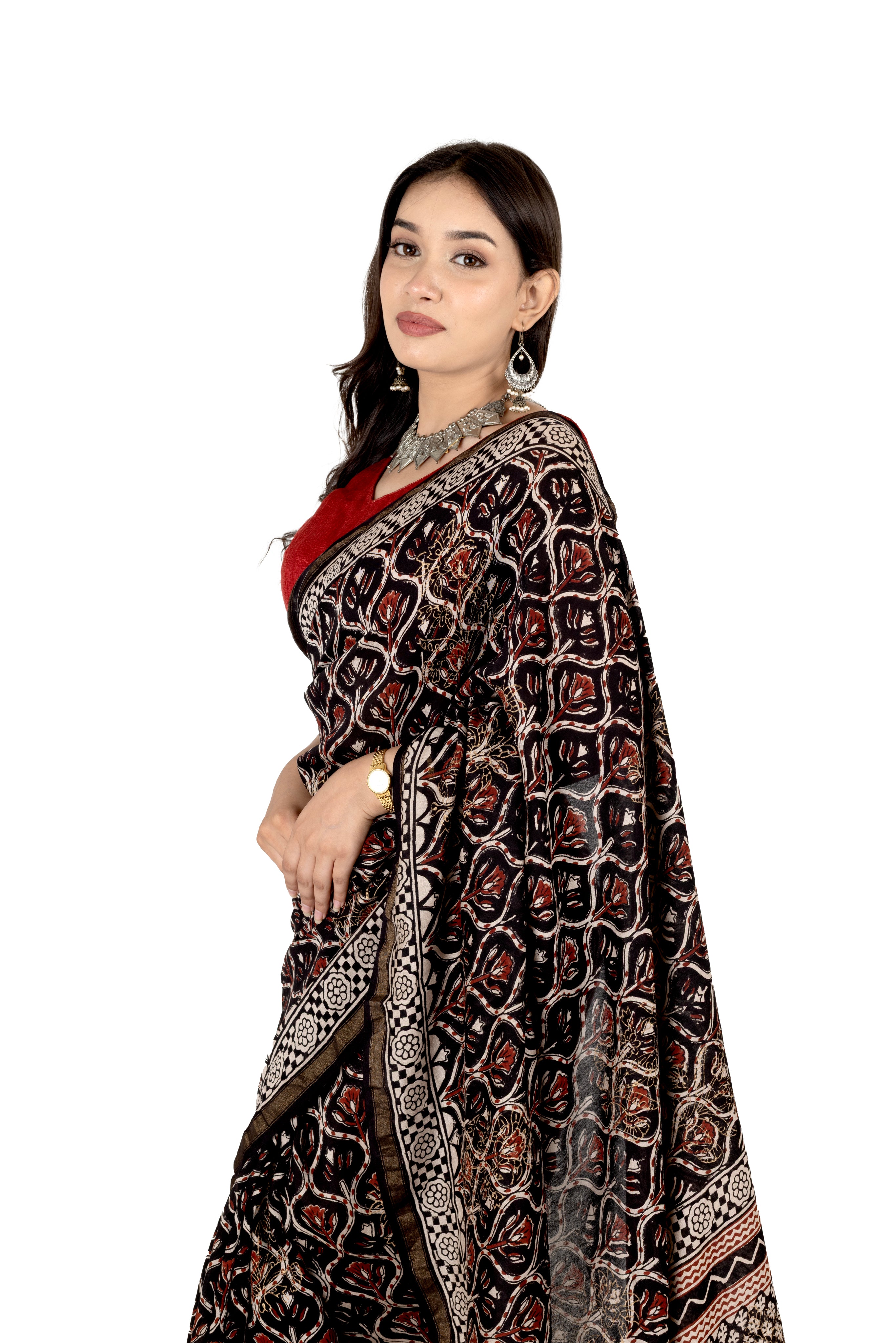 Black Muslin Saree with Handblock Print & Zari Border