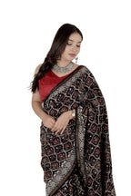 Black Muslin Saree with Handblock Print & Zari Border