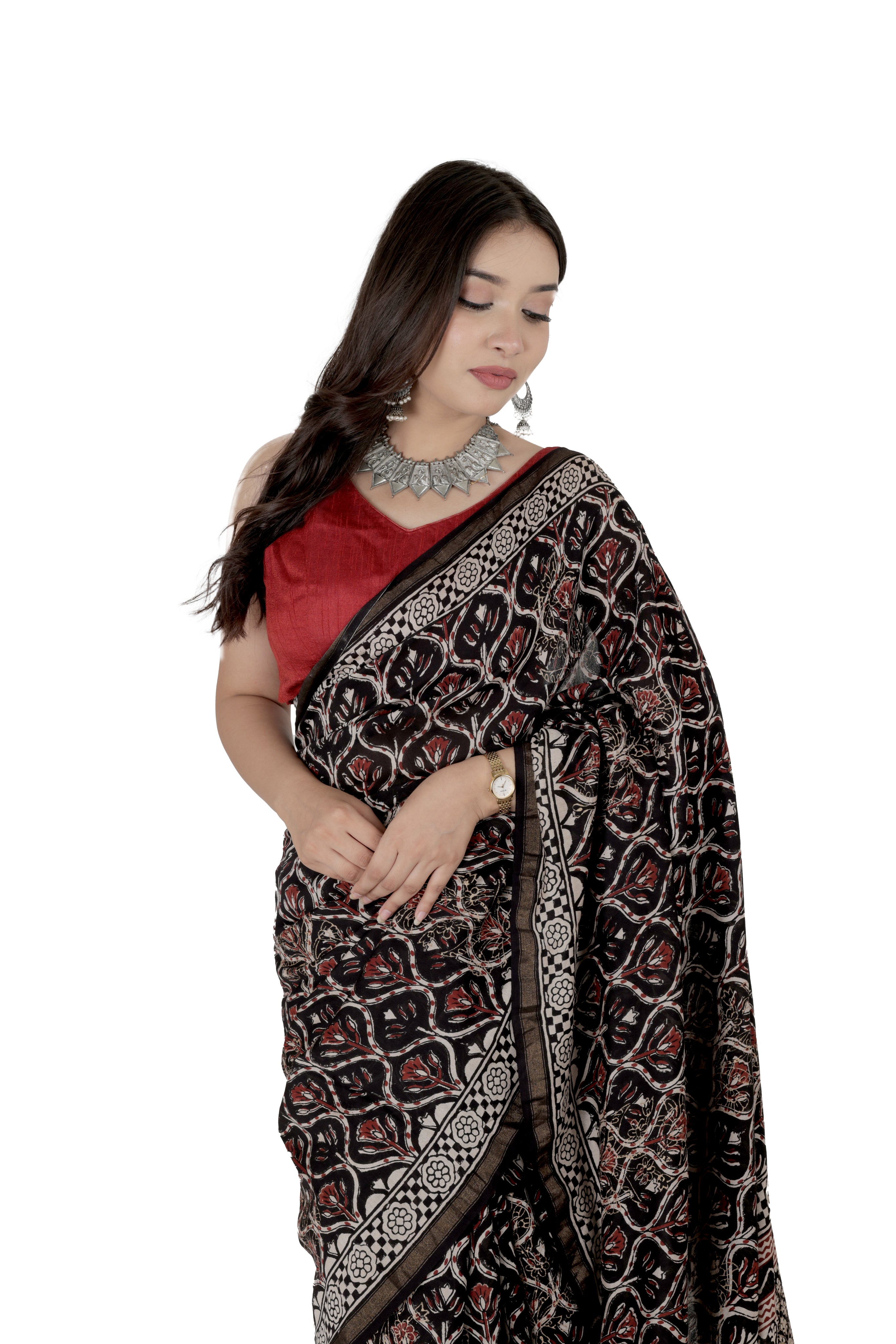 Black Muslin Saree with Handblock Print & Zari Border