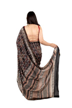 Black Muslin Saree with Handblock Print & Zari Border