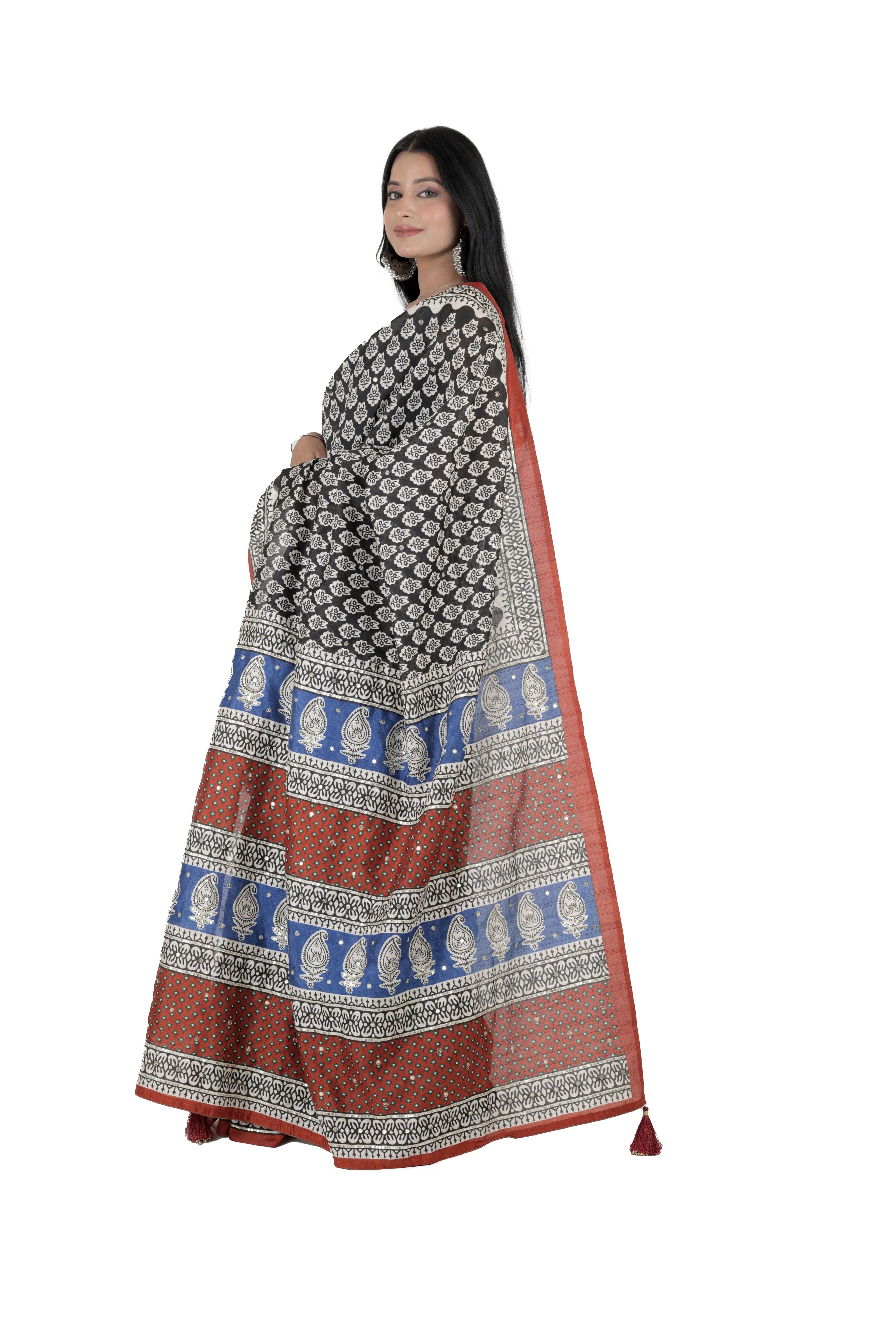 Blue-Brown Chanderi Silk Saree with Allover Sequin Work