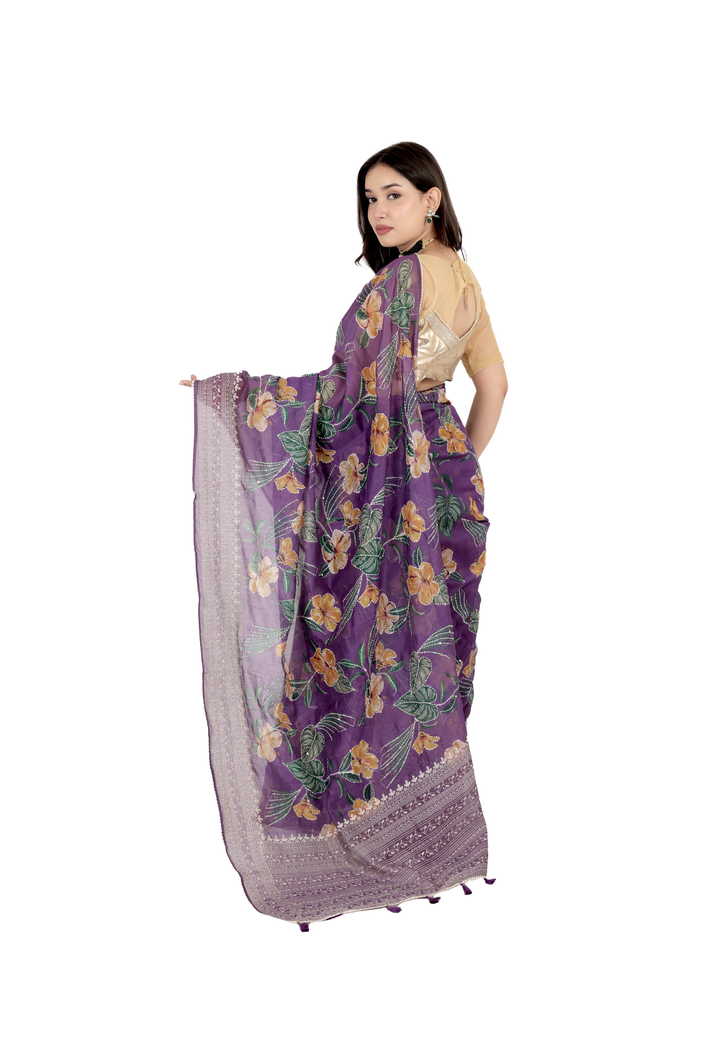 Purple Soft Cotton Saree with Floral Katha Work